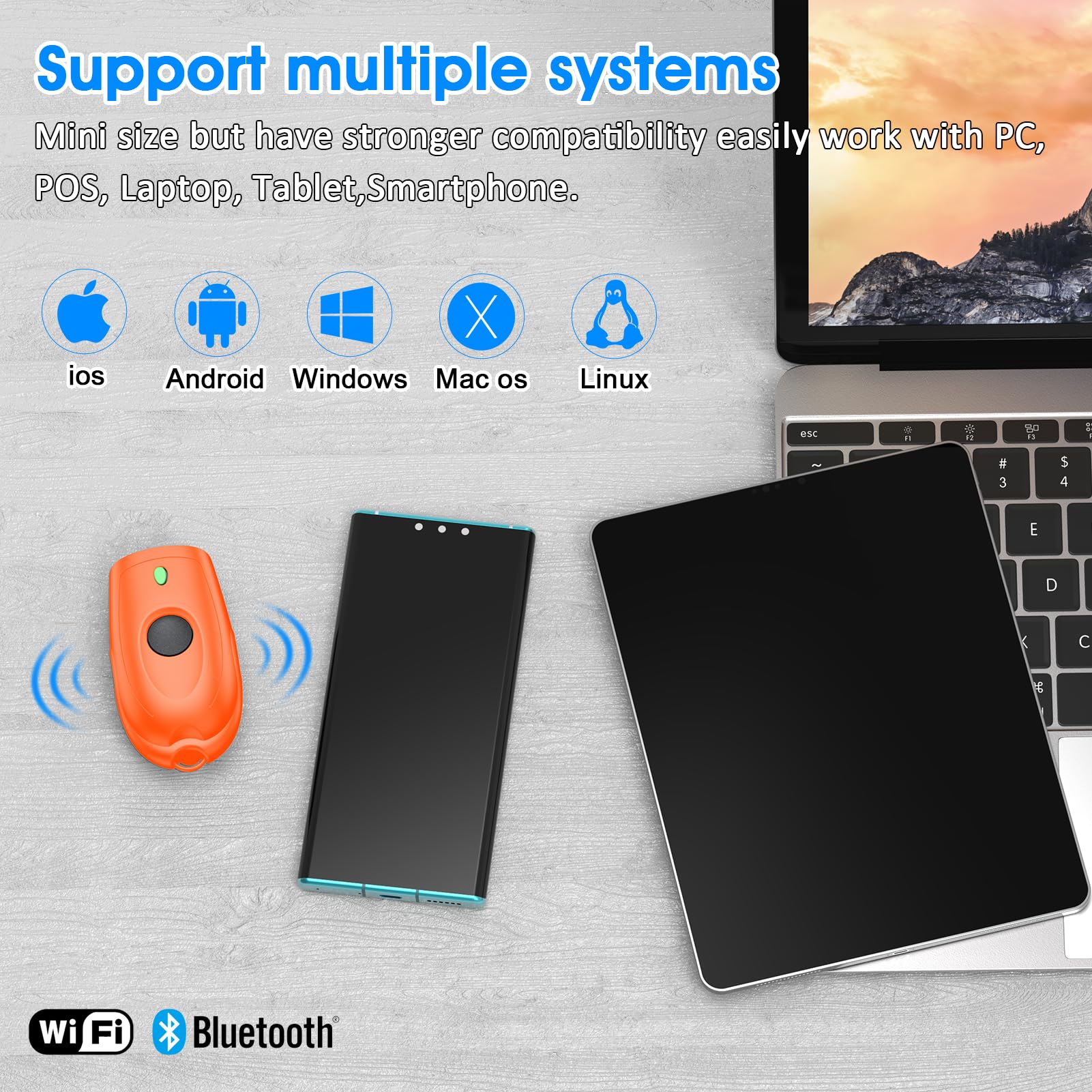 Symcode Mini Bluetooth Barcode Scanner - Portable 1D Wireless Barcode Reader with 3-in-1 Connectivity (Bluetooth/2.4G/USB) for Android, iOS, Windows & Computers - Ideal for Retail, Warehouse & Inventory Management