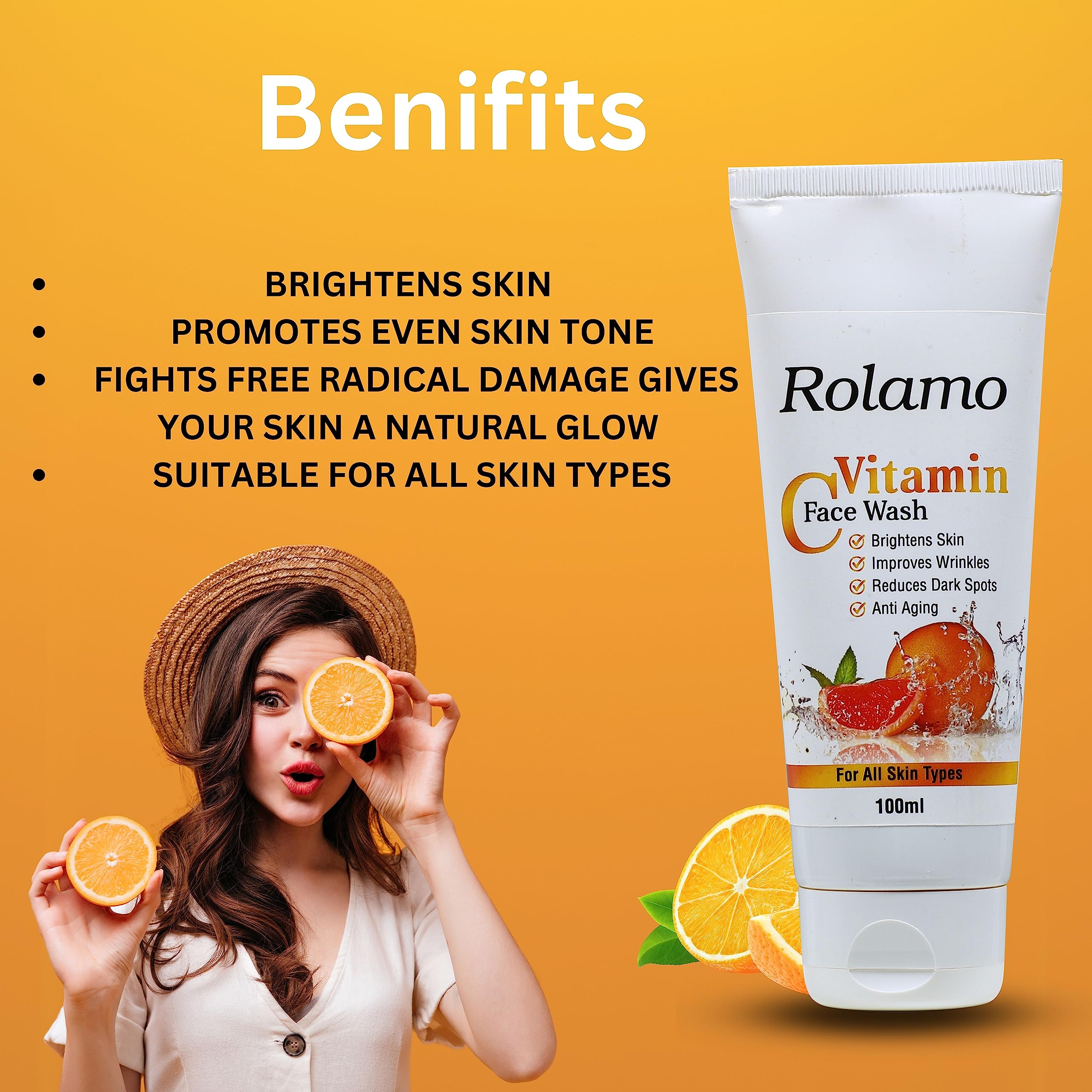 Rolamo Vitamin C Face Wash & Scrub Combo Pack (100ml x 2) - Brightening, Tan Removal & Pollution Protection for All Skin Types | Daily Skincare Routine for Glowing Complexion