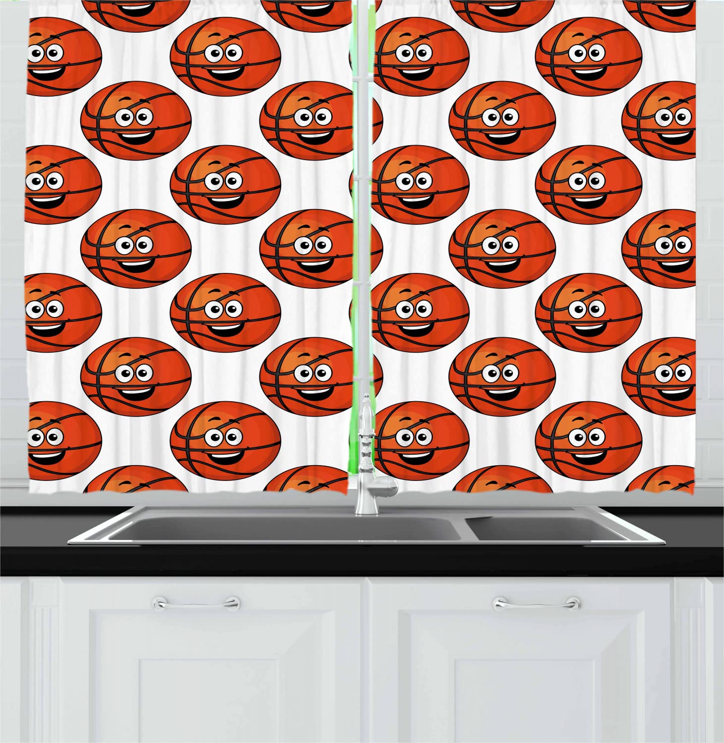 Ambesonne Basketball Themed Kitchen Curtains - Orange Black White Sports Decor with Smiling Ball Emoticons - 55