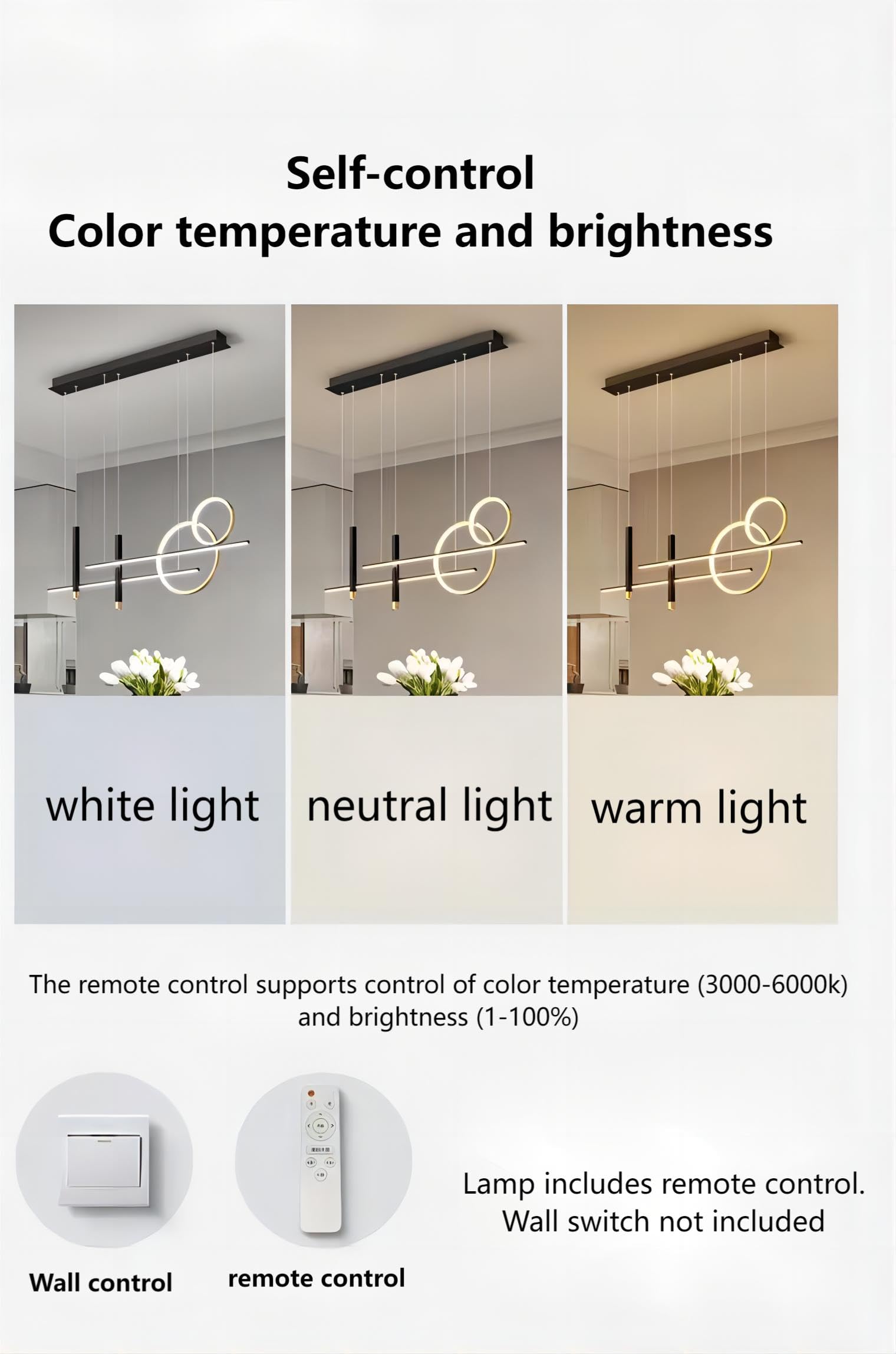 6-Light LED Island Pendant Light - 39.4 Inch Modern Geometric Linear Hanging Light with Remote Control & Dimmable Brightness for Kitchen Island, Dining Room & Living Room - Black Contemporary Lighting Fixture