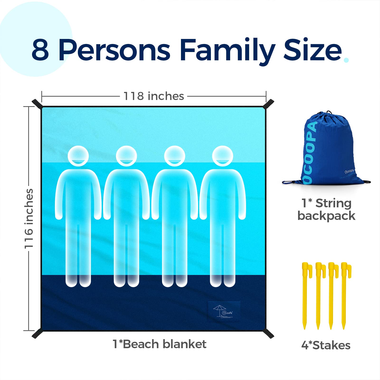 **OCOOPA Extra Large Sandproof Waterproof Beach Blanket - Picnic Mat for 8 Persons, Family Size, Sand-Free, Comfortable & Durable 210T Parachute Nylon, Lightweight with 4 Stakes & Travel Bag (S09) - Perfect for Beach, Park, Camping & Outdoor Adventures**