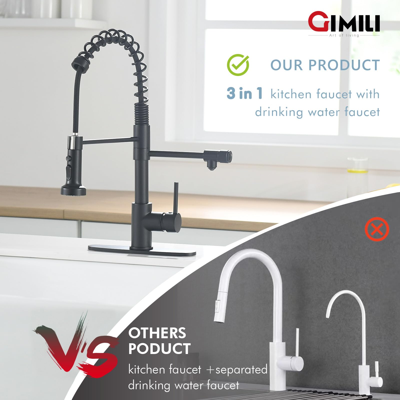 GIMILI 3-in-1 Commercial Style Pull-Down Single Handle Kitchen Faucet with Water Filtration System - Matte Black (Filter Not Included) | Perfect for Modern Homes, Restaurants & Water Purification Stations