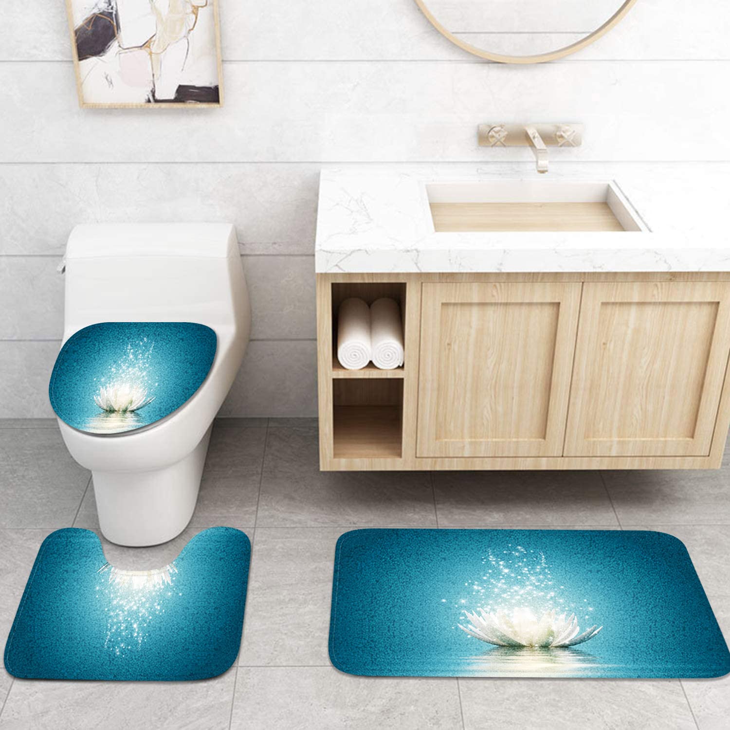 Britimes 4-Piece Shower Curtain Set with 12 Hooks - Magic Lotus Flower Turquoise Zen Design, Non-Slip Bath Mat, Toilet Lid Cover & Rugs for Bathroom Decor, 72x72 Inches - Perfect for Spa-Like Bathroom Retreats & Zen Home Decor