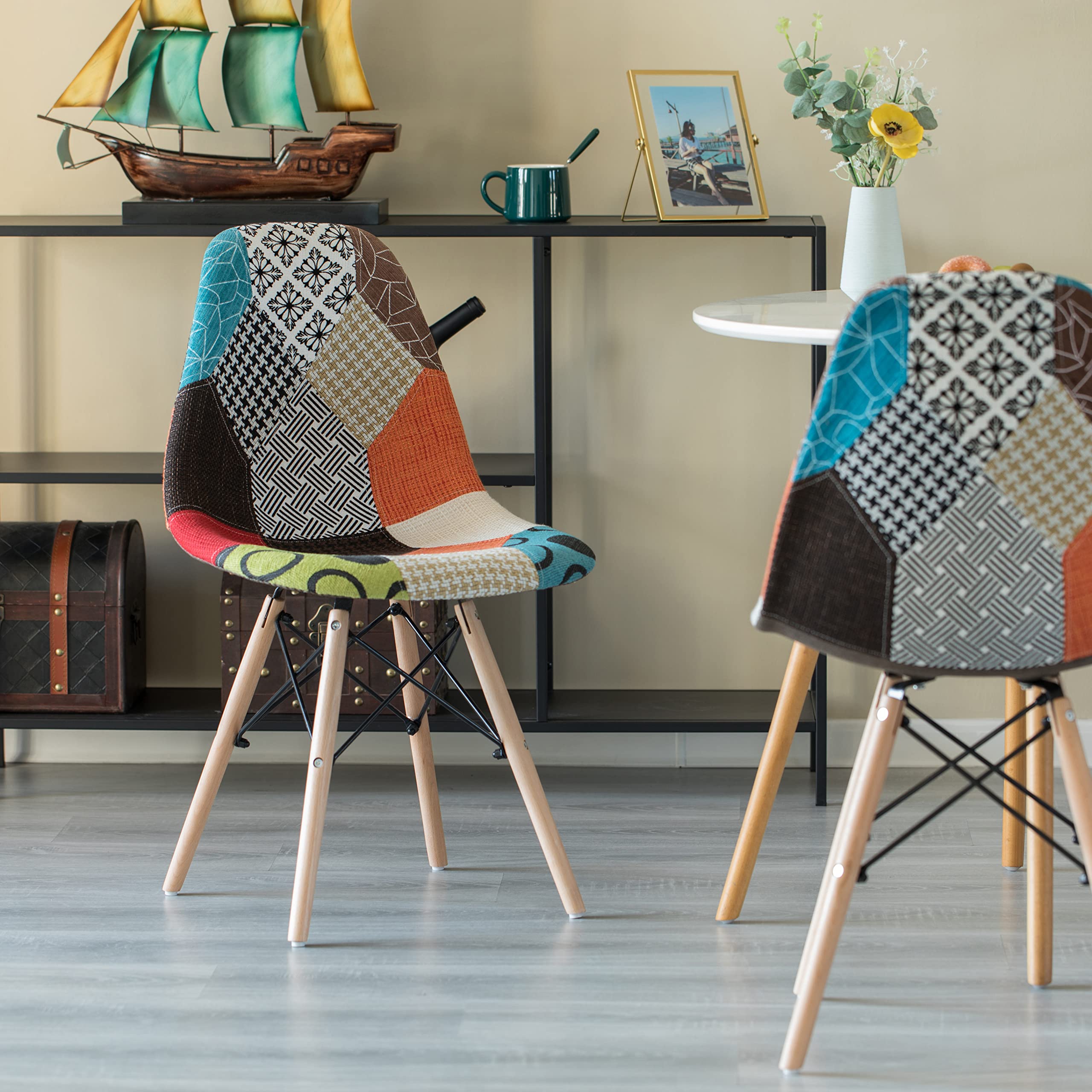 Modern Fabric Patchwork Chair with Wooden Legs - Set of 4 for Kitchen, Dining Room, Entryway & Living Room - Comfortable & Stylish Seating for Home Decor