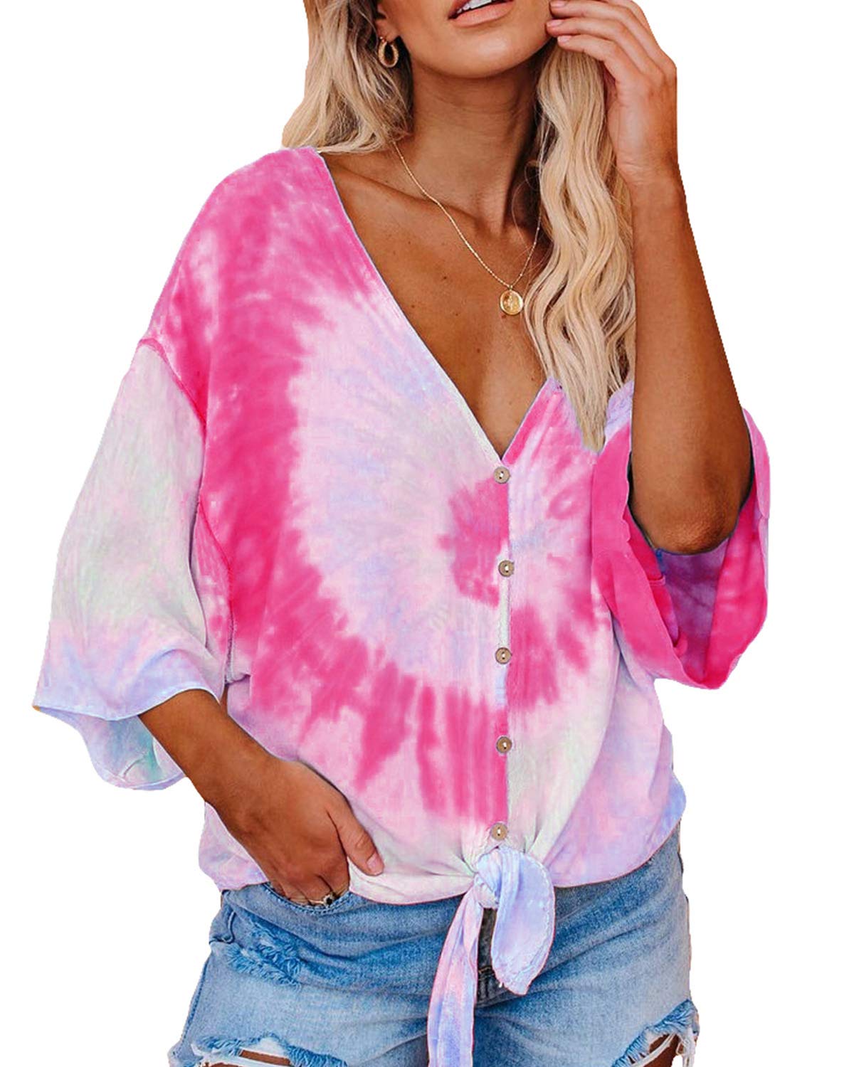 Women's Tie Dye Printed 3/4 Sleeve Loose Flowy Button Down Blouse Tunic Top - Boho Chic Shirt for Casual Wear, Beach Cover-Up & Summer Outfits