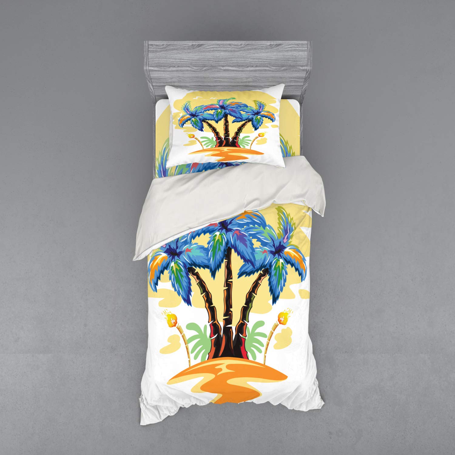 Ambesonne Tropical Palm Tree Duvet Cover Set - Colorful Hawaiian Island Design with Sunset, Seagulls & Torch - 3 Piece Bedding Set Includes Sham & Fitted Sheet - Twin XL Size in Blue & Orange - Perfect for Beach Themed Bedrooms & Vacation Home Decor