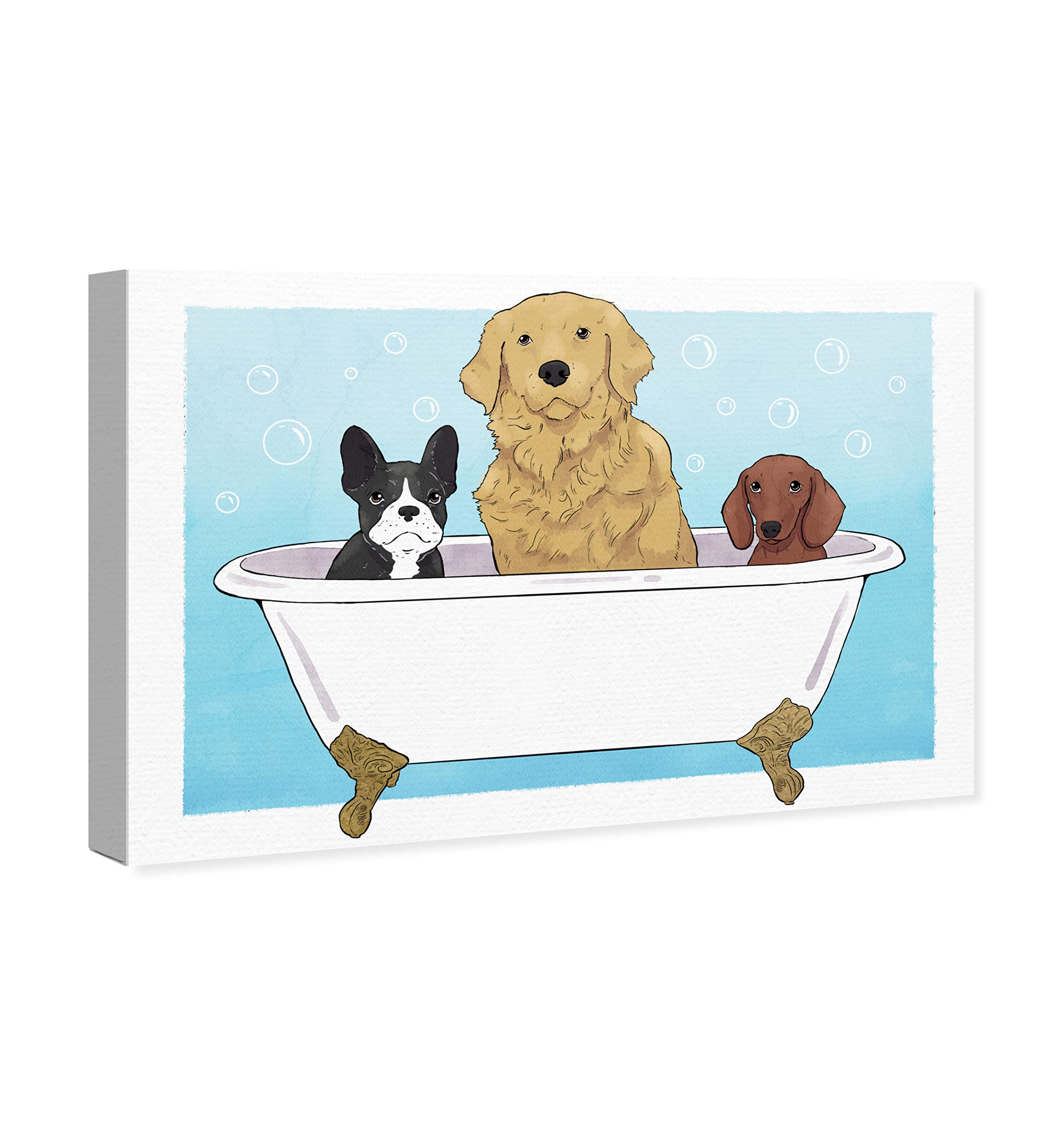 Oliver Gal Artist Co. 'Pups in a Tub' Animal Wall Art Canvas Print - Blue & White Home Decor (24x16 Inches) - Perfect for Nursery, Living Room or Bathroom Wall Decor