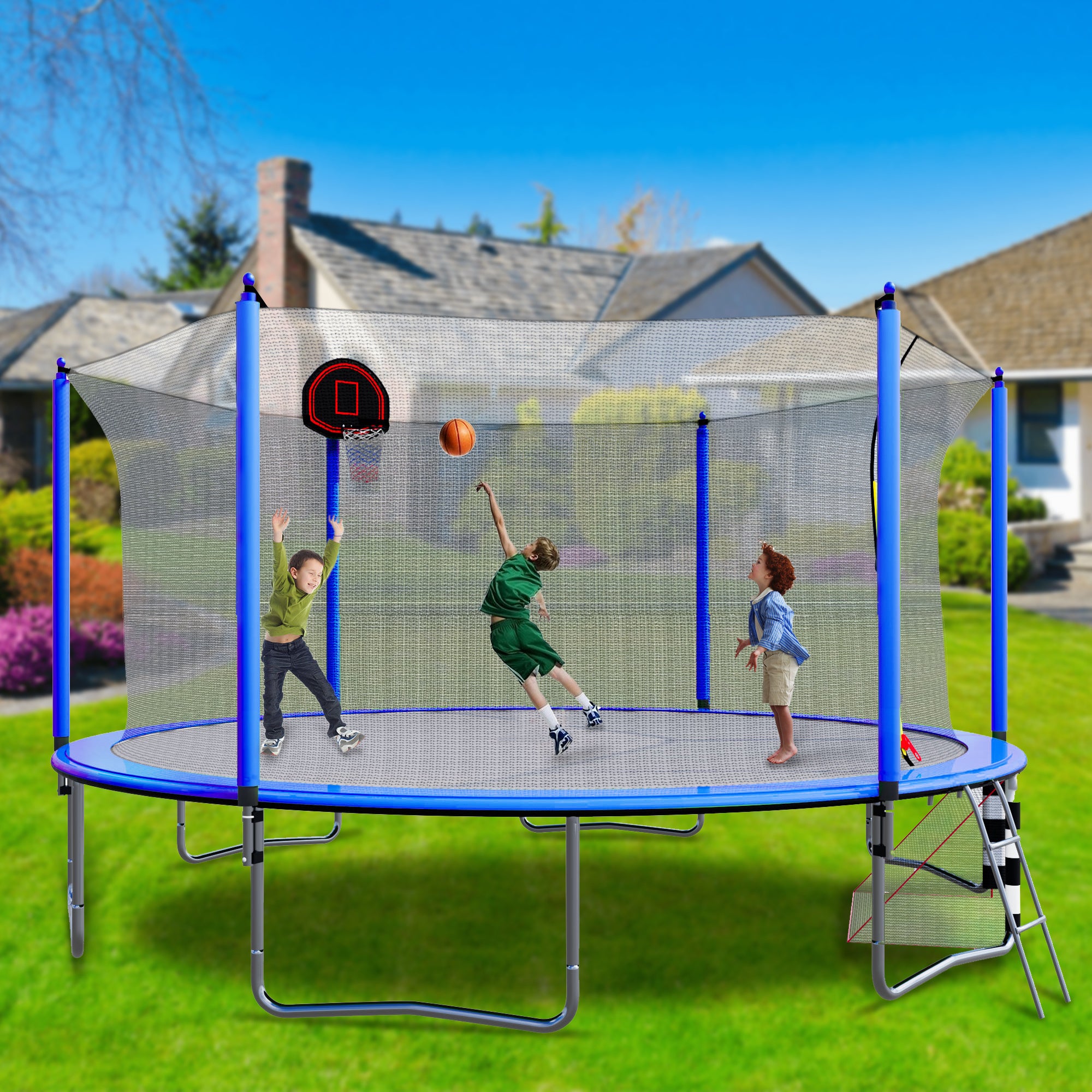 16FT Trampoline with Basketball Hoop, Pump & Ladder - Includes Inner Safety Enclosure & Soccer Goal (Blue) - Perfect for Backyard Fun, Outdoor Exercise & Family Bonding Activities