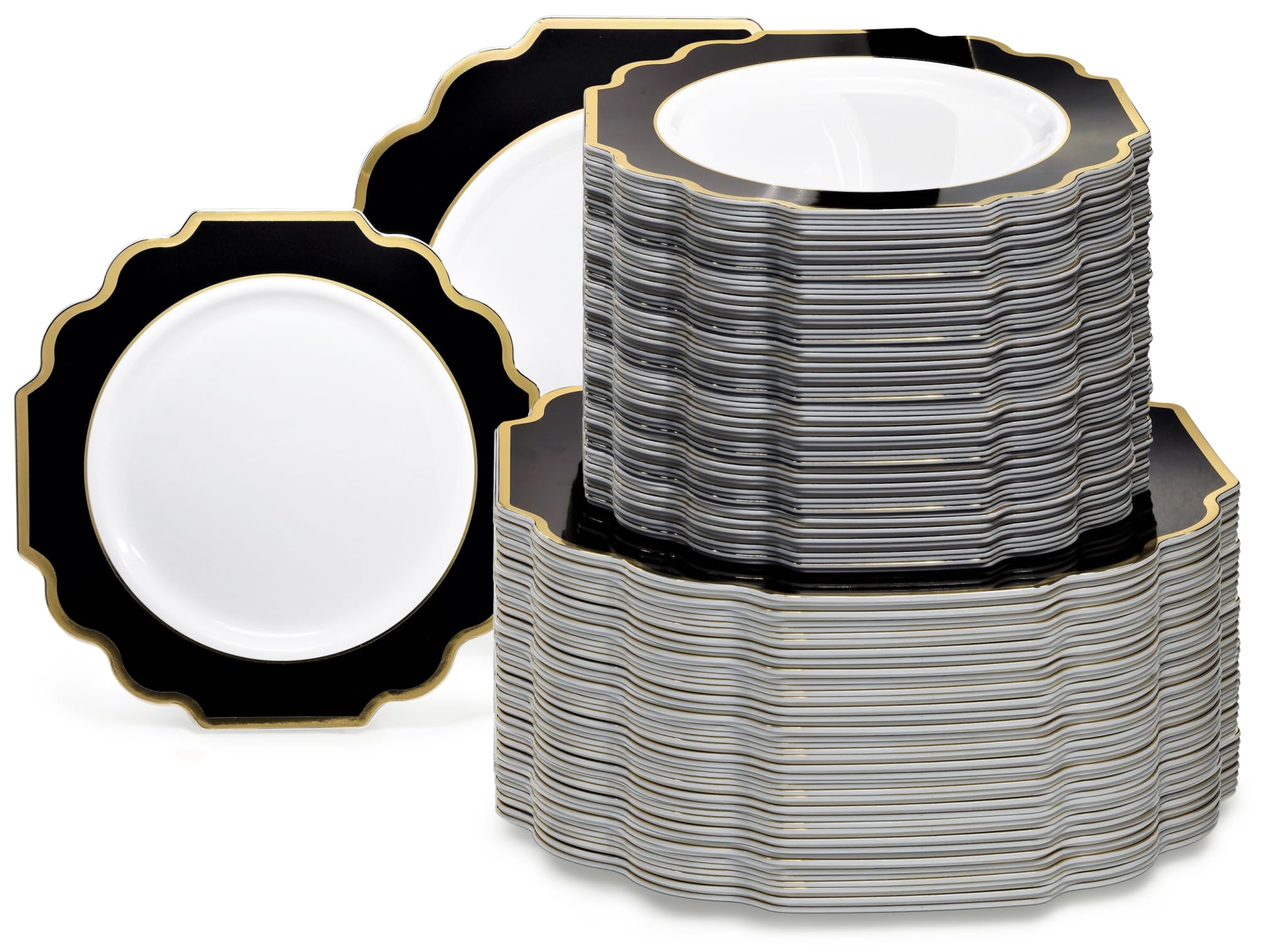240-Pack Heavyweight Disposable Plastic Plates Set for Weddings & Parties - 120 x 10.5'' Dinner Plates + 120 x 8'' Salad/Dessert Plates in Elegant Black & Gold | Perfect for Large Gatherings, Catering Events & Special Occasions