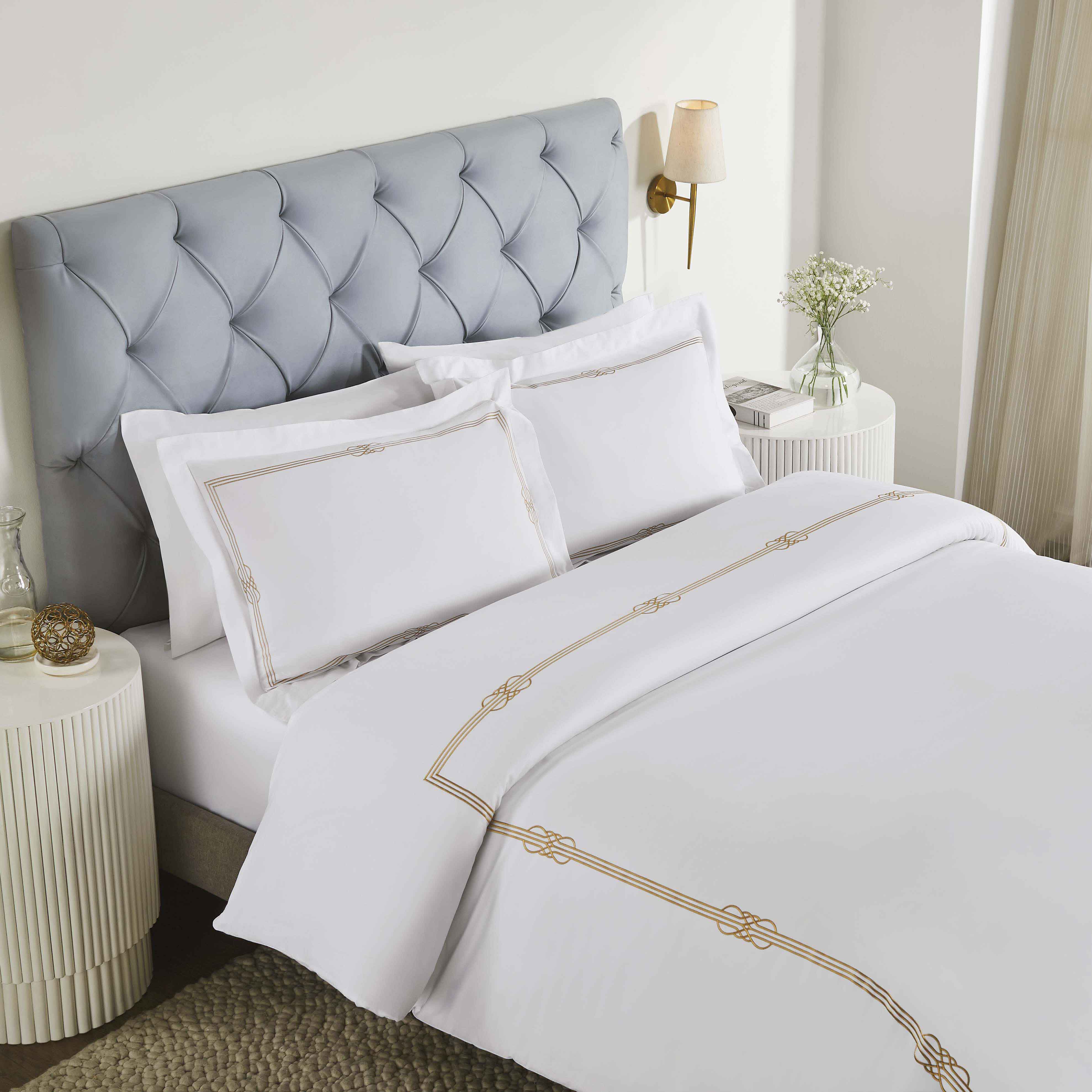 Moonlawn Cotton Gold Embroidered 3-Piece Duvet Cover Set - Queen Size Luxury Bedding for Master Bedroom & Guest Room