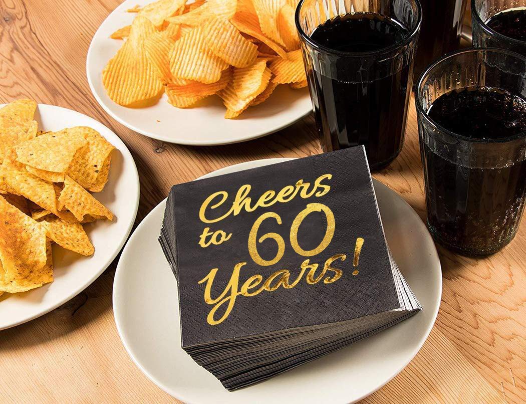 60th Birthday Napkins for Men - 50 Pack Black & Gold 5x5 Inch Disposable Cocktail Napkins - Perfect for 60th Birthday Party Decorations, Anniversary Celebrations & Cocktail Receptions