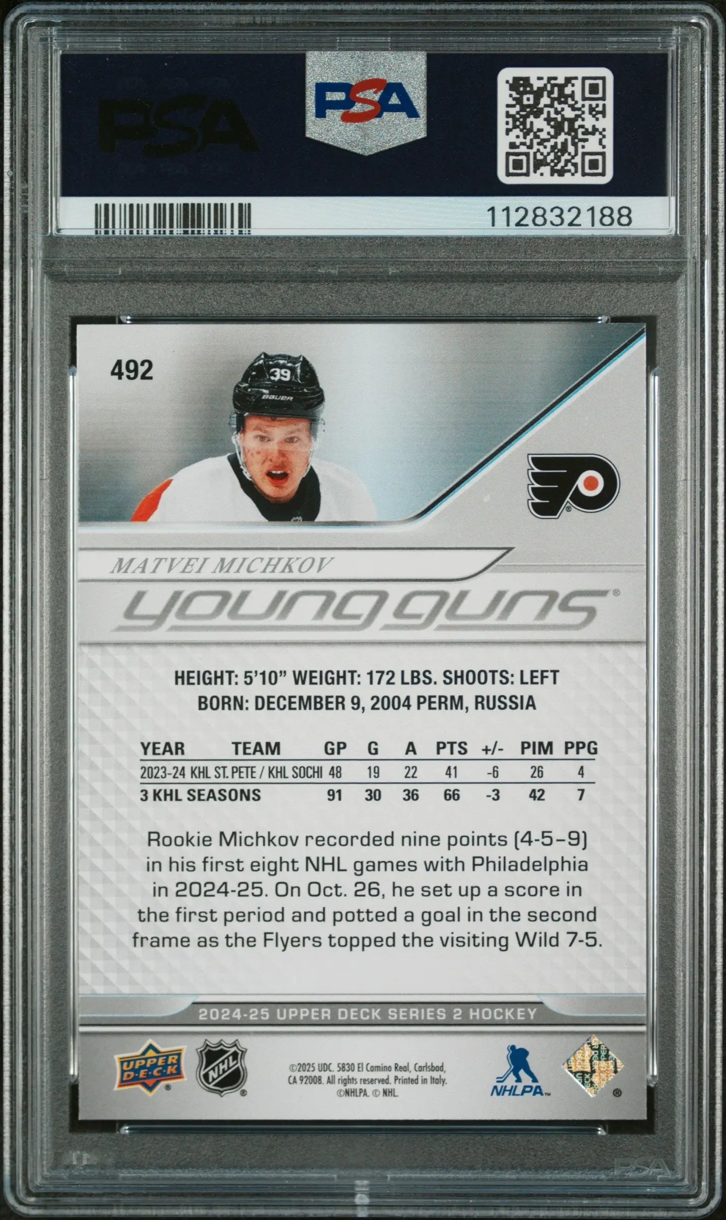 2024-25 Upper Deck Series 2 Hockey Matvei Michkov Young Guns Rookie Card PSA 8 - Collectible Sports Trading Card for NHL Fans & Memorabilia Collectors