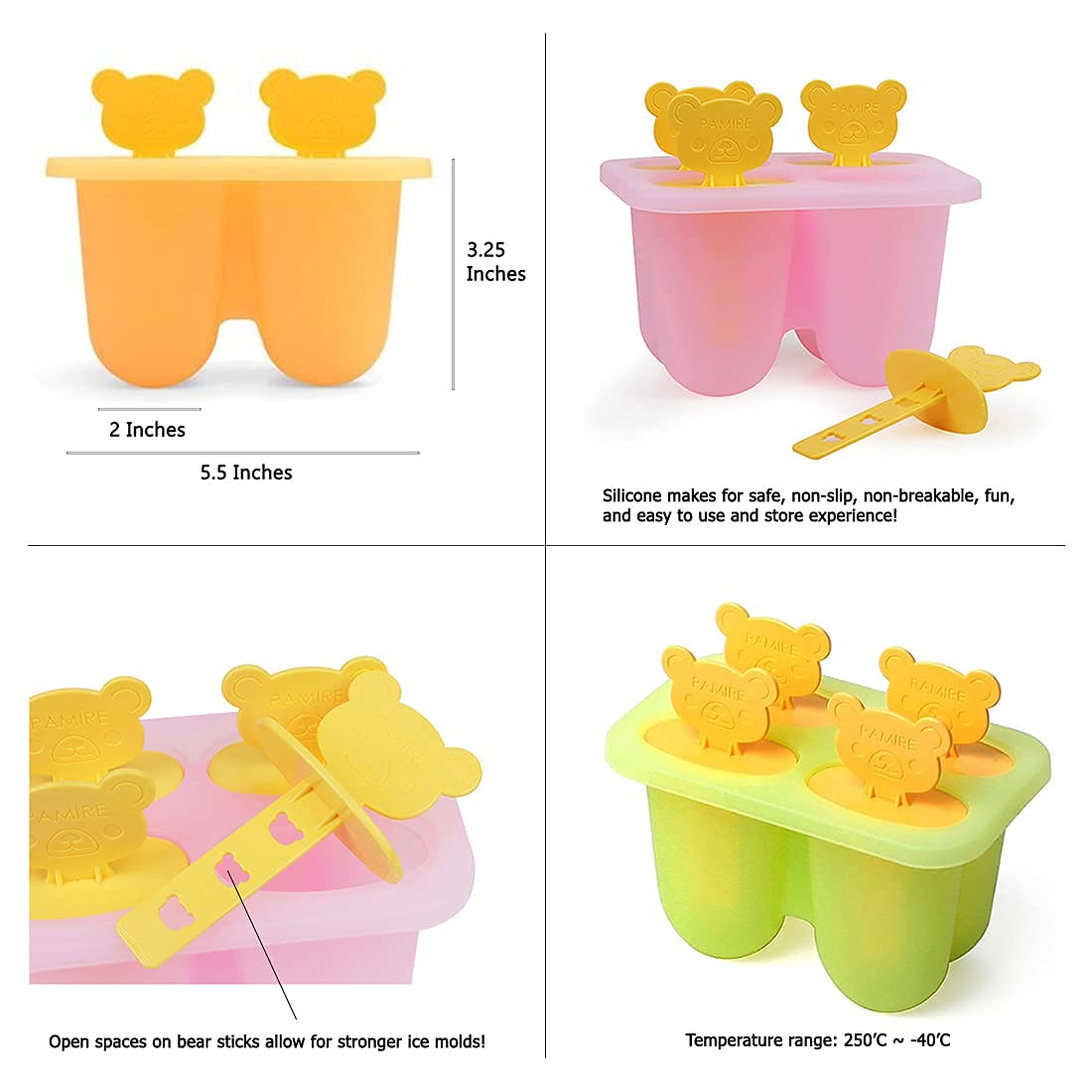 Best Silicone Popsicle Molds - 4-Piece Reusable Bear Shape Ice Pop Maker (Green) for Kids, Homemade Frozen Treats, Summer Snacks & Party Favors