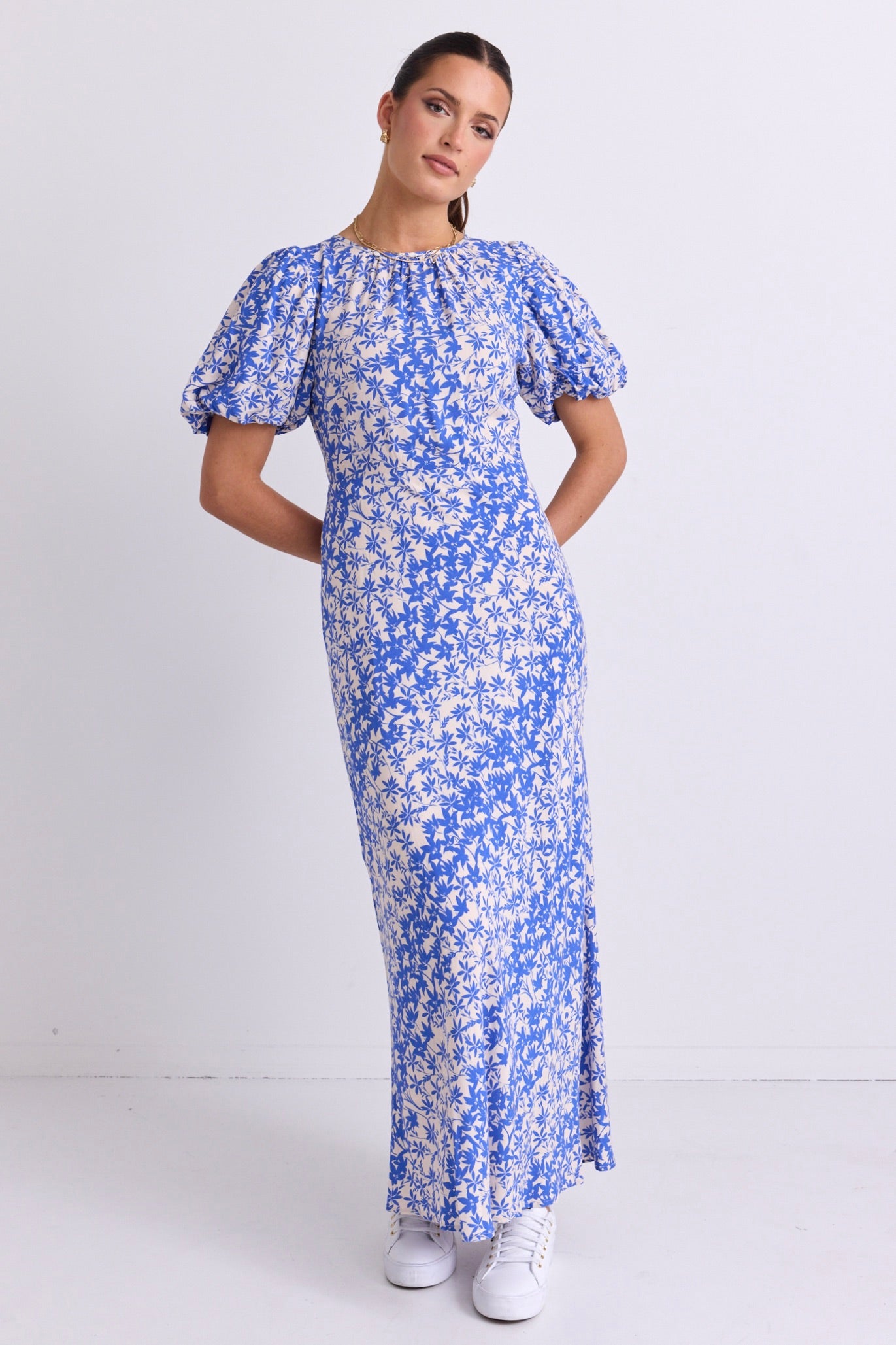 Astrid Blue Floral Puff Sleeve Bias Maxi Dress for Women | Summer Beach Wedding Guest Dress | Boho Chic Midi Dress for Vacation & Special Occasions