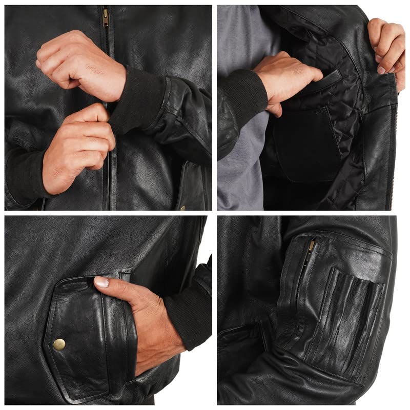 LP-FACON Men's MA1 Flight Tactical Leather Bomber Jacket - Military Black Biker Lambskin Leather Jacket for Men | Stylish Outerwear for Motorcycle Riding, Aviation & Casual Wear