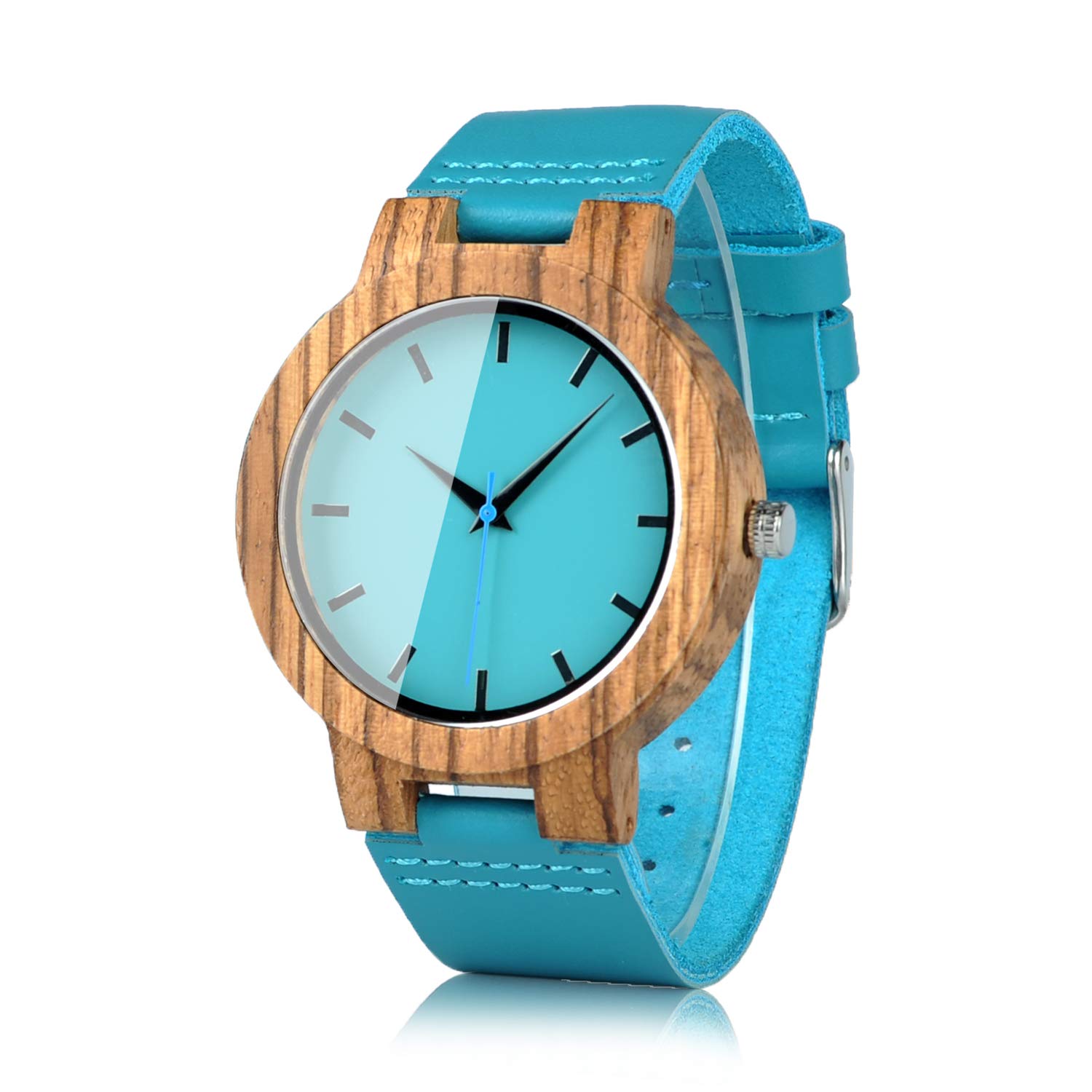 BOBO BIRD Bamboo Wooden Watch for Men & Women - Blue Cowhide Leather Strap, Casual Fashion Timepiece with Gift Box | Perfect for Everyday Wear, Anniversary Gifts & Eco-Friendly Lifestyle