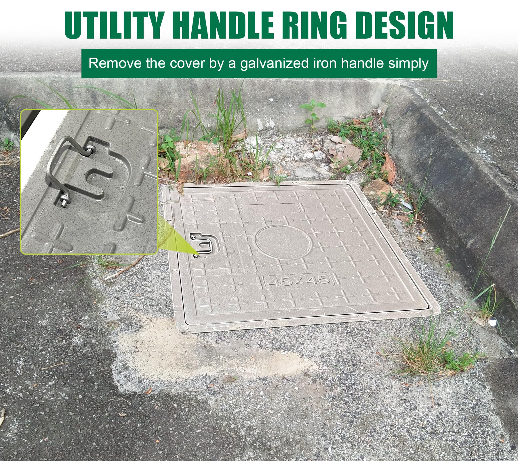 18x18in Fiberglass Manhole Cover & Frame - 14x14in Clear Opening, 16x16in Solid Top Cover - Reinforced Steel Septic Tank Lid with Handle - Durable Sewer Cover for Underground Utility Access & Drainage Systems