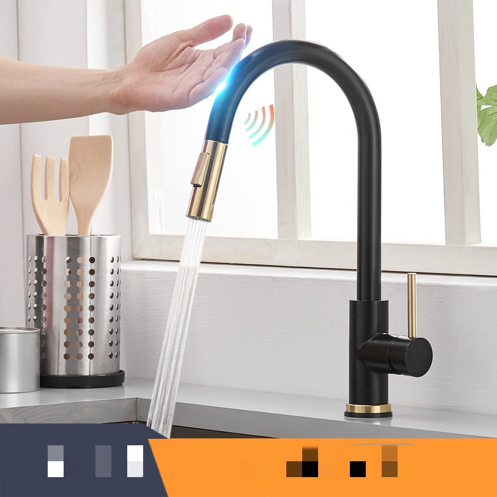 Smart Touch Kitchen Faucet with Motion Sensor - Black & Gold Modern Rotating Sink Mixer Tap for Hands-Free Convenience | Perfect for Busy Cooks, Disabled Users & Hygienic Kitchen Cleaning