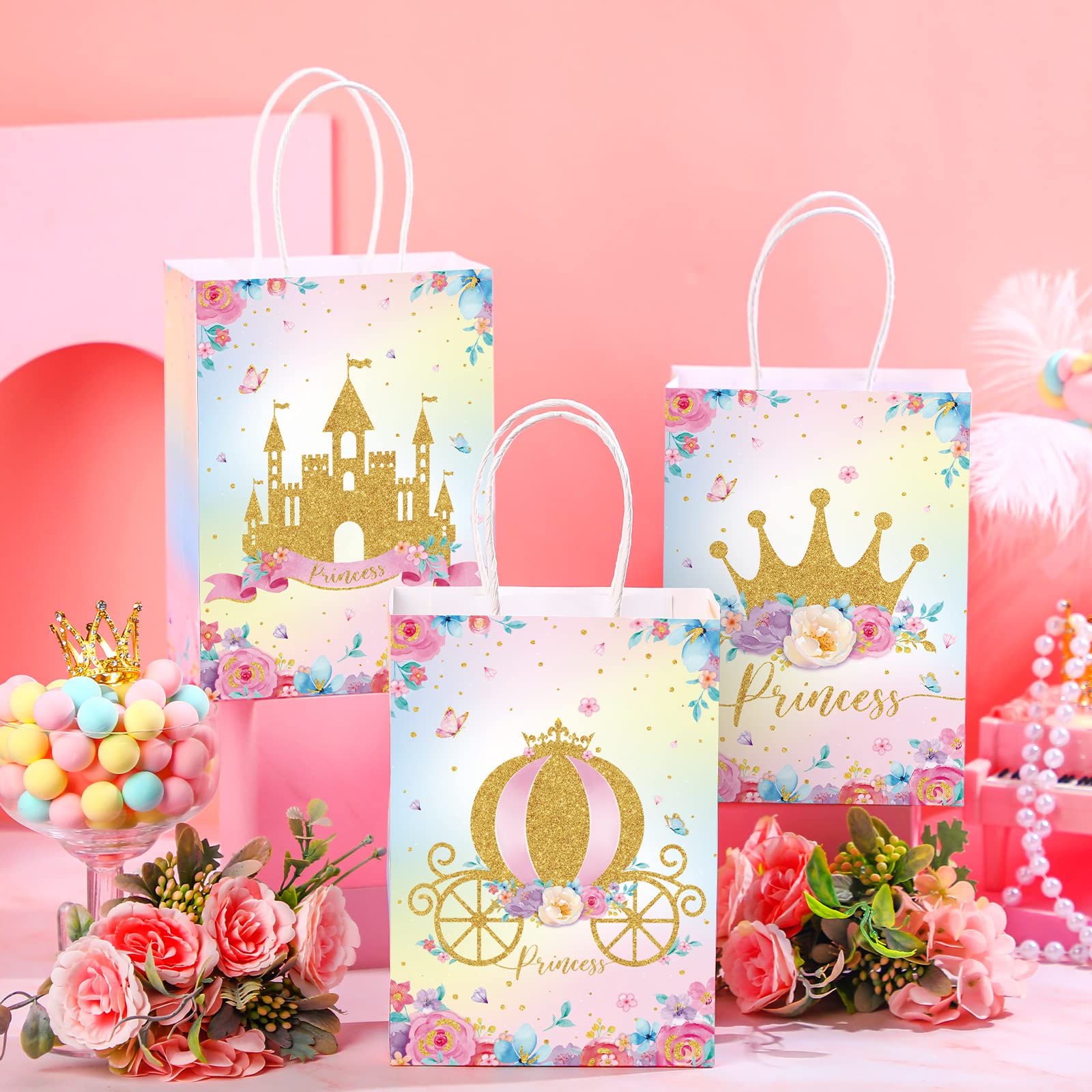 24 Pcs Princess & Prince Party Favor Bags with Handles - Elegant Castle-Themed Treat Bags for Candy, Gifts & Goodies - Perfect for Gender Reveal Parties, Baby Showers, Weddings & Birthday Celebrations (Princess Theme)