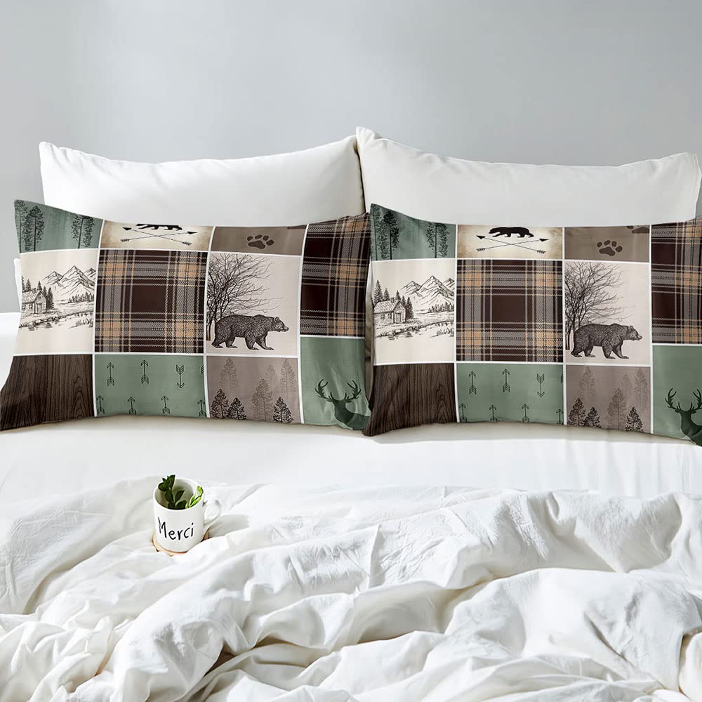VIVIHOME 2-Piece Rustic Cabin Bedding Set - Twin Size Woodland Animals Duvet Cover with Deer Elk Moose Black Bear Print - Hunting Lodge Country Farmhouse Style Plaid Patchwork Quilt Comforter Cover + 1 Pillowcase - Perfect for Cabin Retreats, Hunting Lodges & Cozy Farmhouse Bedrooms