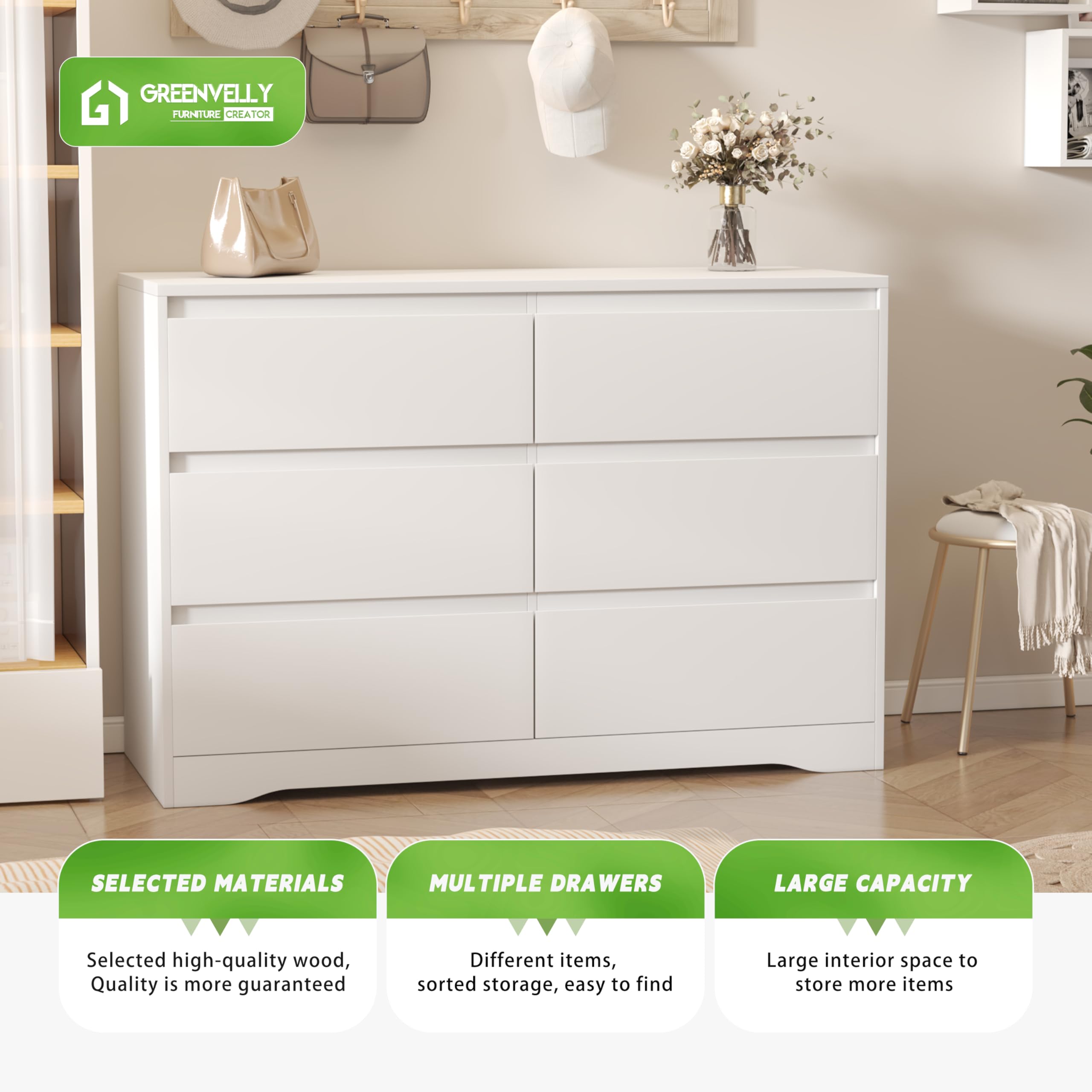 Greenvelly White Dresser with Deep Drawers - Modern 6-Drawer Wooden Chest for Bedroom & Nursery - Spacious Storage Dresser for Women & Family - Perfect for Organizing Clothes, Bedding & Home Decor