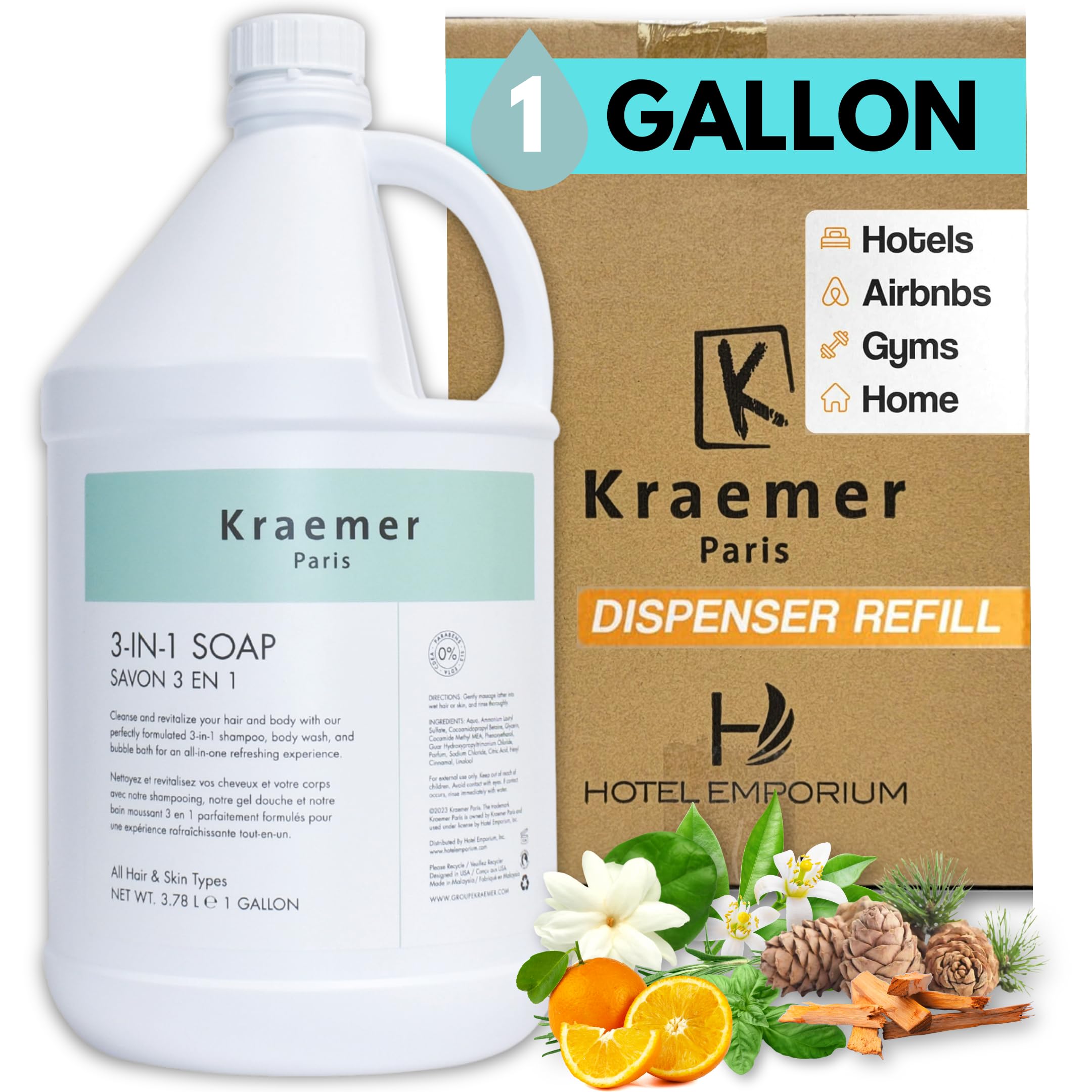 Kraemer Paris 3-in-1 Gallon Shampoo & Body Wash - All Hair Types, Bulk Refill for Hotels, Airbnbs, Gyms & Vacation Rentals | Salon Quality, 3.78L, Cruelty-Free | Perfect for Hospitality Industry & Commercial Use