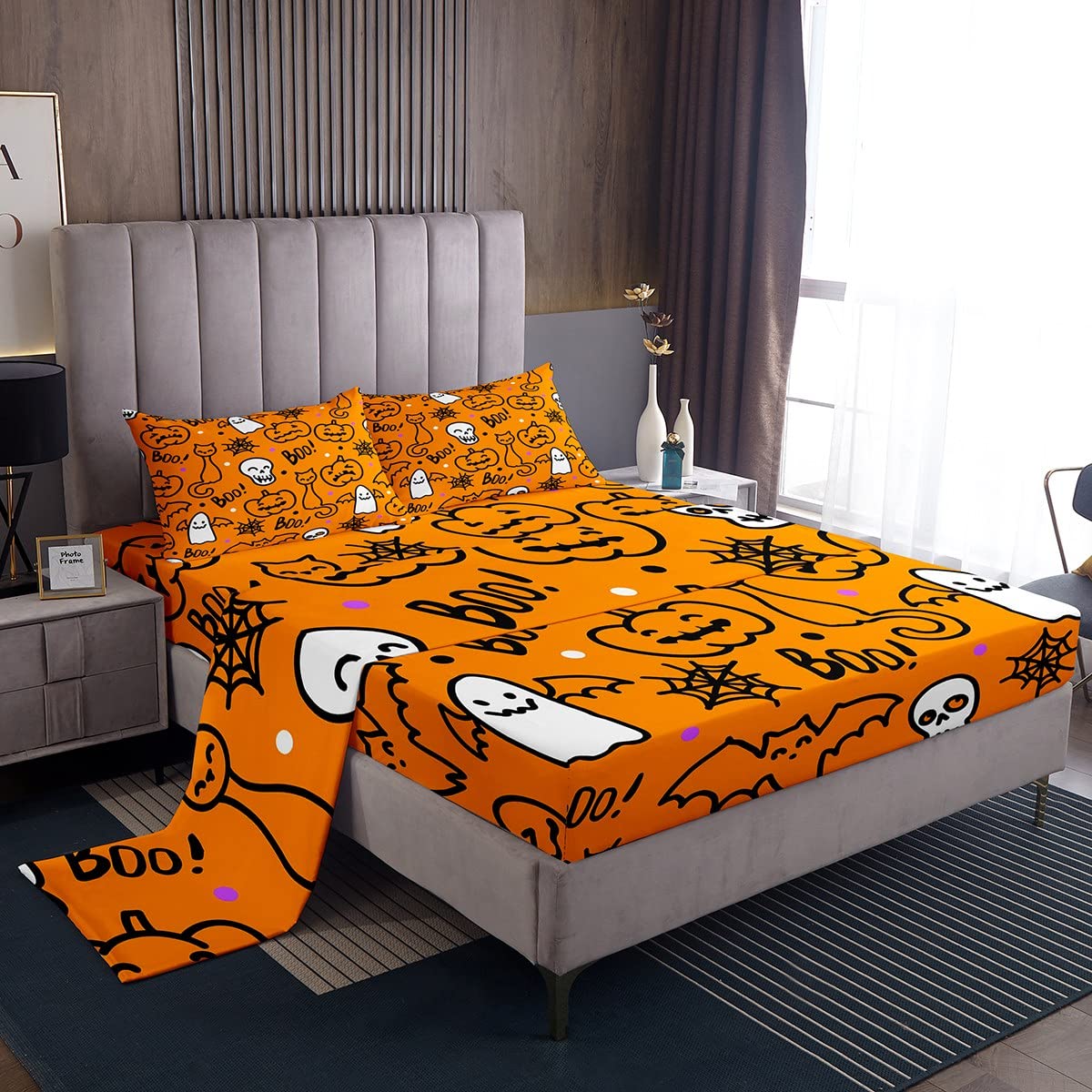 Halloween Cat Pumpkin Bat Silhouette Twin Size Bed Sheet Set - 3 Piece Ghost Graffiti Bedding for Kids & Teens (Deep Pocket Fitted Sheet + Flat Sheet + Pillowcase) - Perfect for Spooky Decor, Kids' Rooms & Holiday Themed Bedrooms