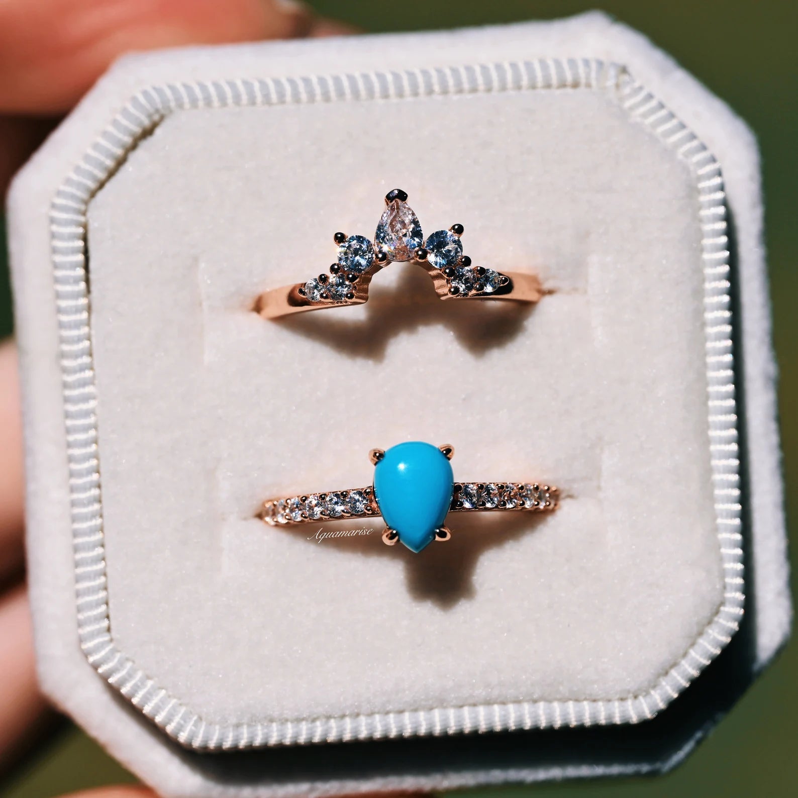 Natural Turquoise Ring Set - 14K Rose Gold Vermeil Jewelry for Women | Boho Chic Accessories for Everyday Wear & Special Occasions
