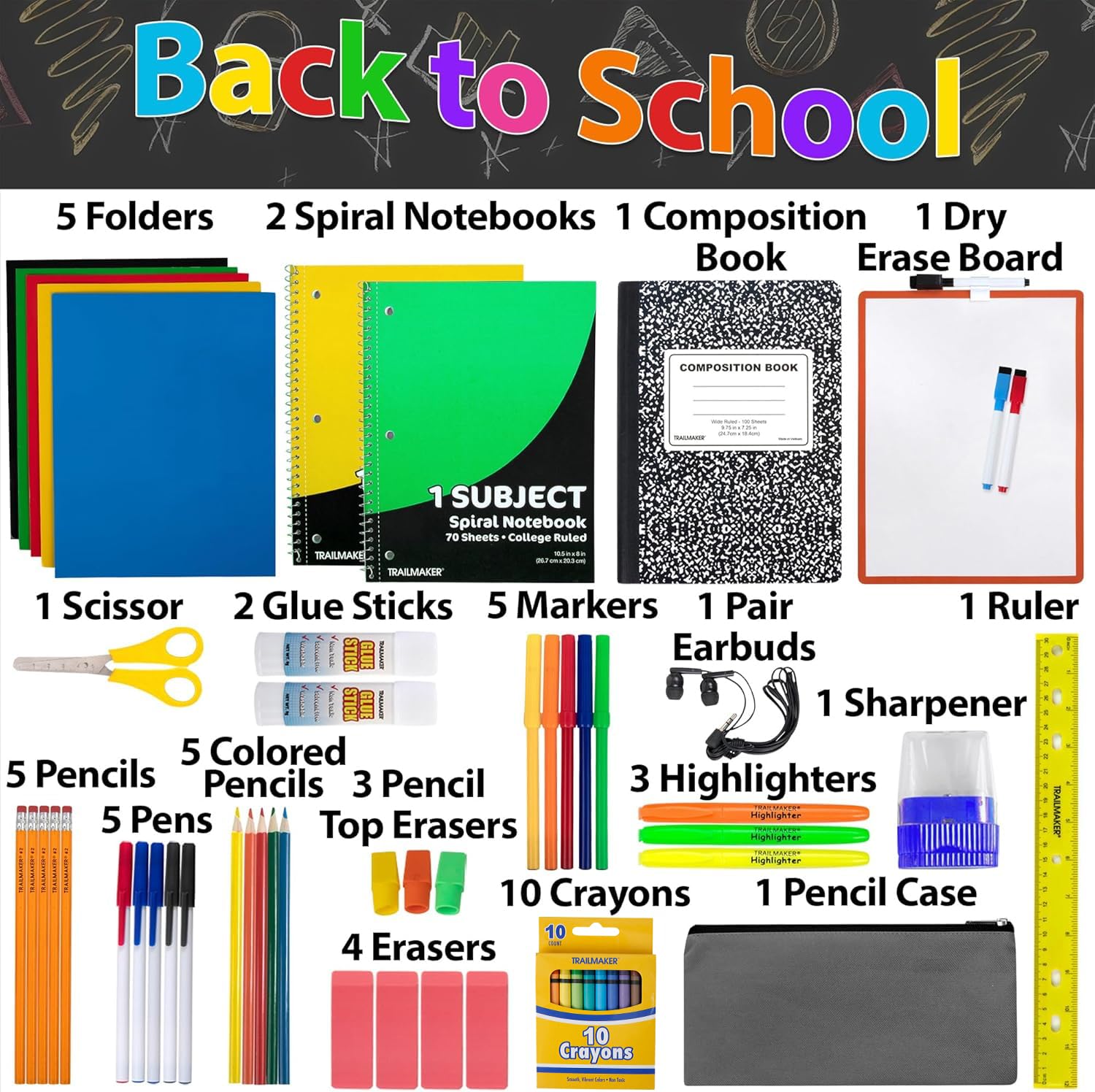 Trail Maker 12-Pack 60-Piece Bulk Back to School Supplies Kit for Kids - Includes Notebooks, Folders, Headphones, Ruler & More - Perfect for Classroom, Homeschool & School Organization