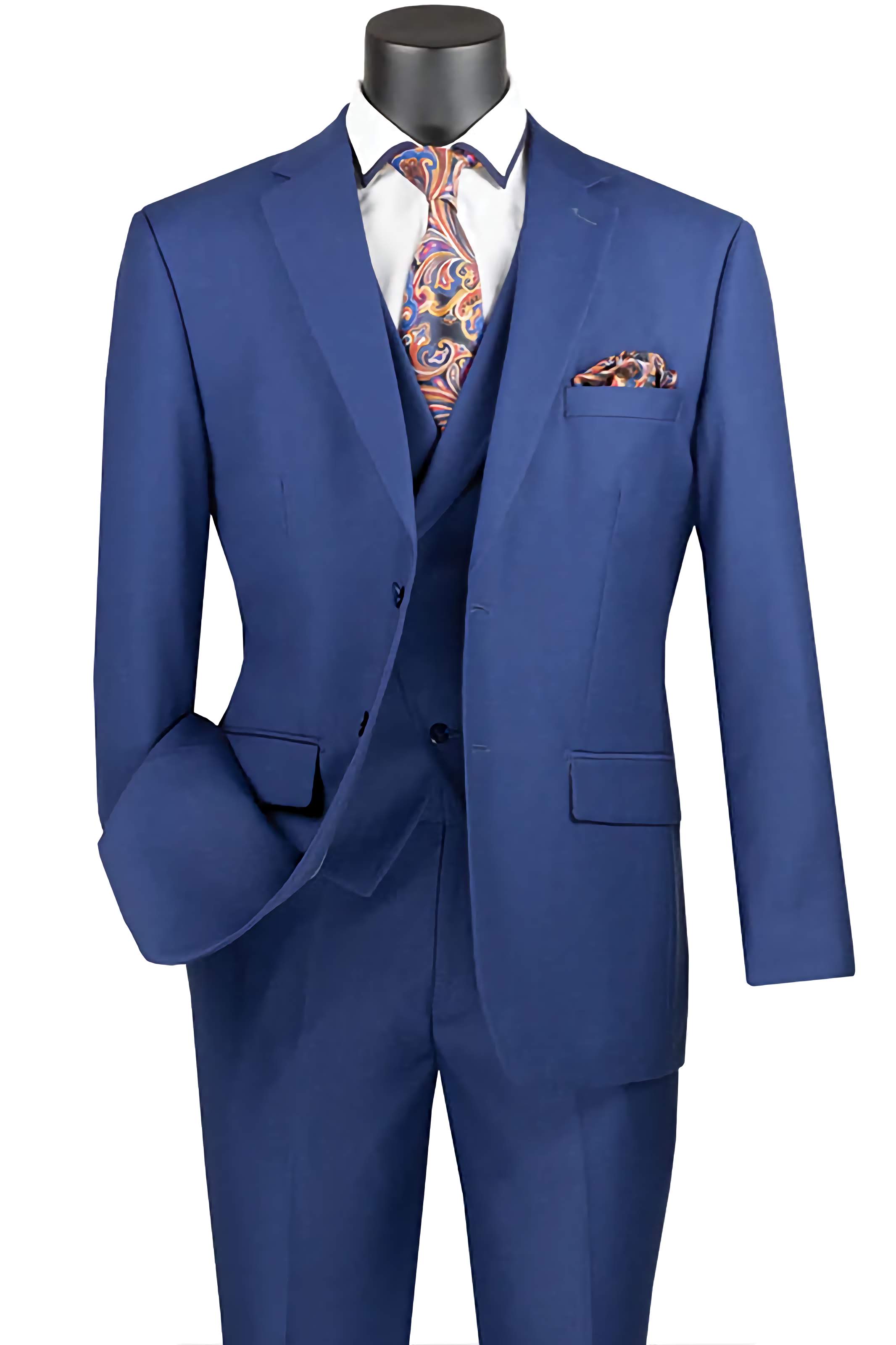 Blue Modern Fit 3-Piece Suit with Vest & Adjustable Waistband Pants for Men | Business Formal, Wedding & Special Occasion Attire