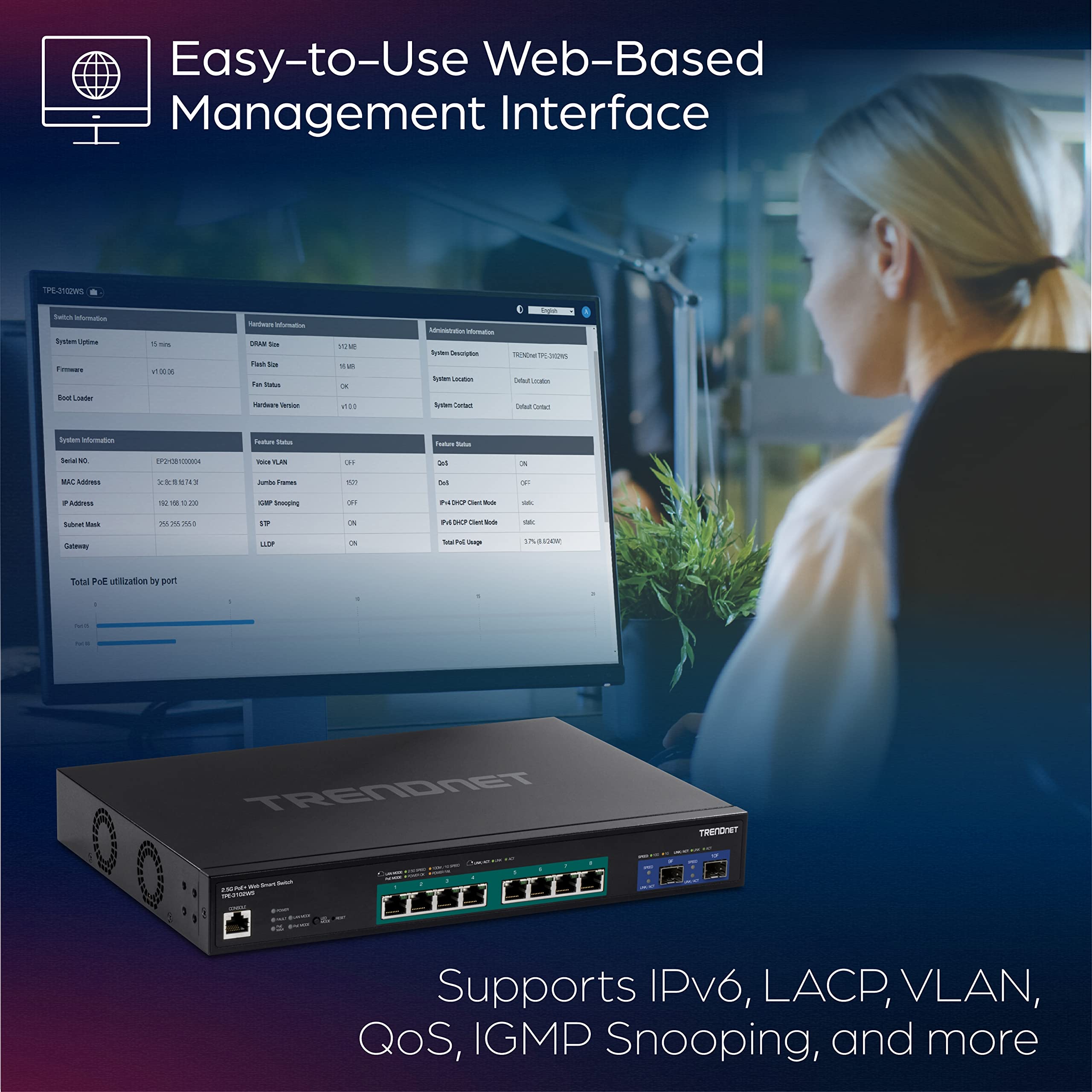 TRENDnet TPE-3102WS 10-Port Multi-Gig Web Smart PoE+ Switch | 8 x 2.5G PoE+ Ports & 2 x 10G SFP+ | Metal Housing Managed Ethernet Switch | Lifetime Protection | Ideal for Office Networks, Surveillance Systems & High-Speed Data Transfer