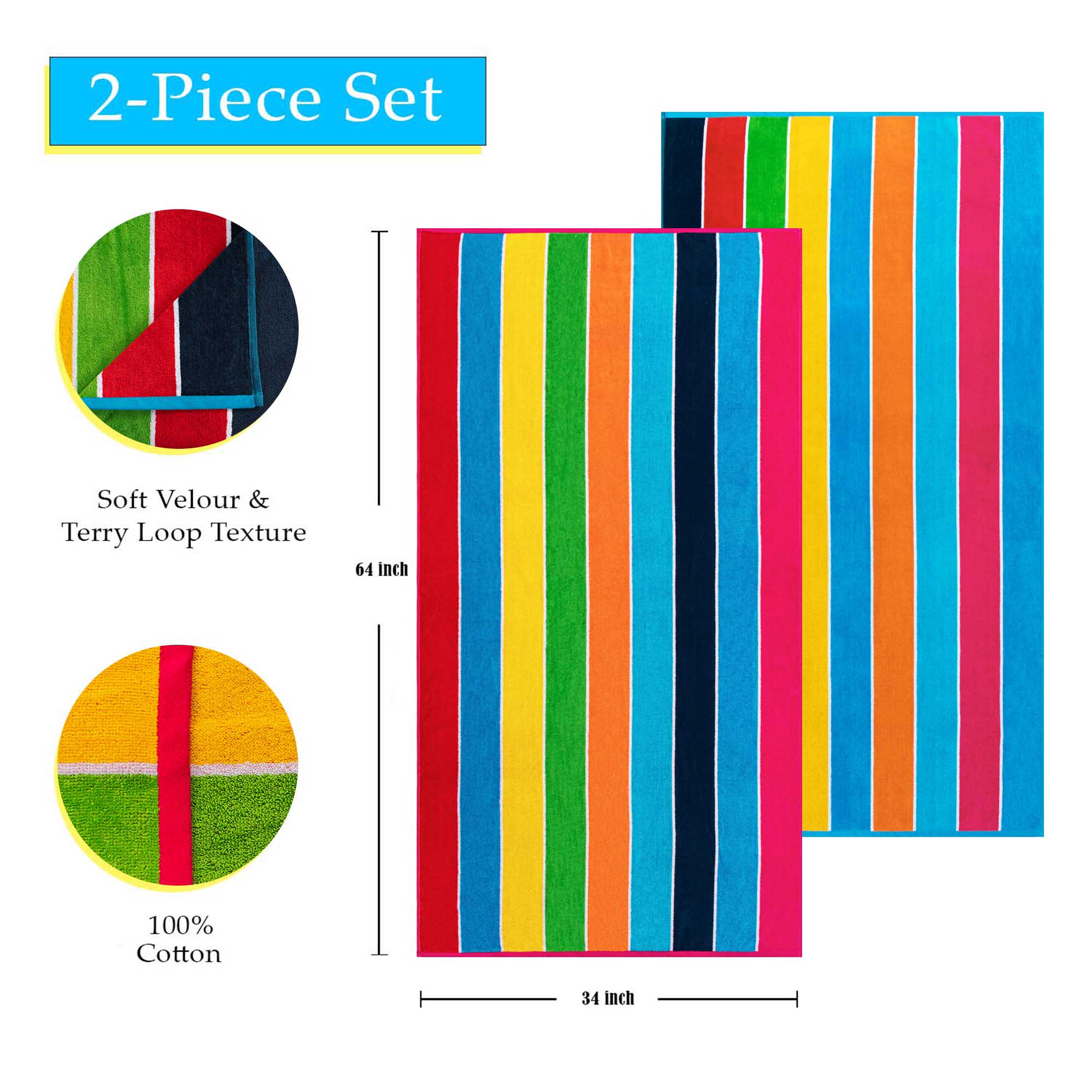 Rainbow Stripes Egyptian Cotton Oversized 2-Piece Beach Towel Set | Soft Quick-Dry Bath Towels for Pool, Beach, Yoga & Gym | Luxury Spa & Vacation Essentials