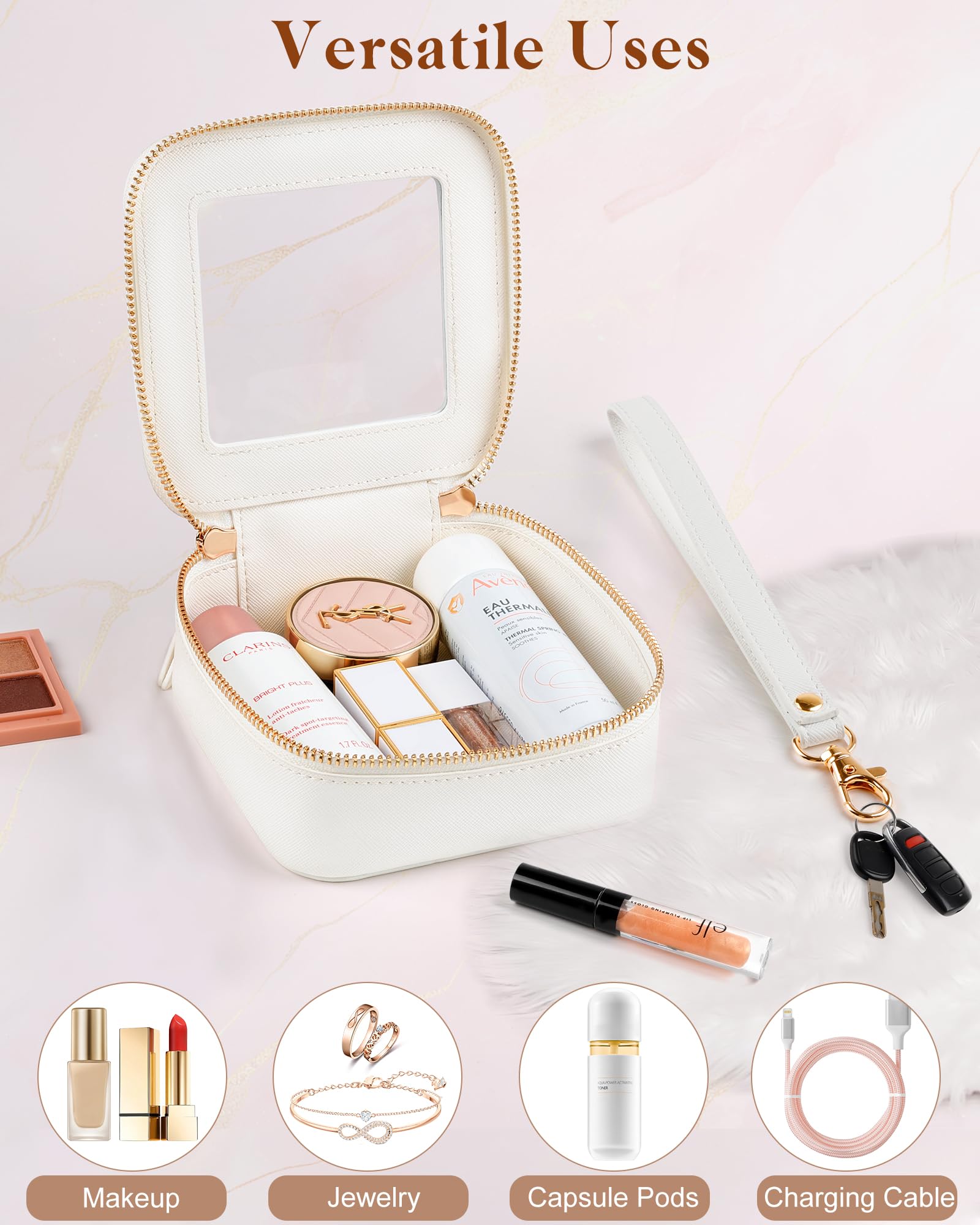 Clear Leather Makeup Bag for Women & Teens | Mini Cosmetic Pouch for Purse Organizer | Small Travel Essentials Pouch | Cute White Makeup Case for Car, Gym & Daily Use | Perfect Gift for Her