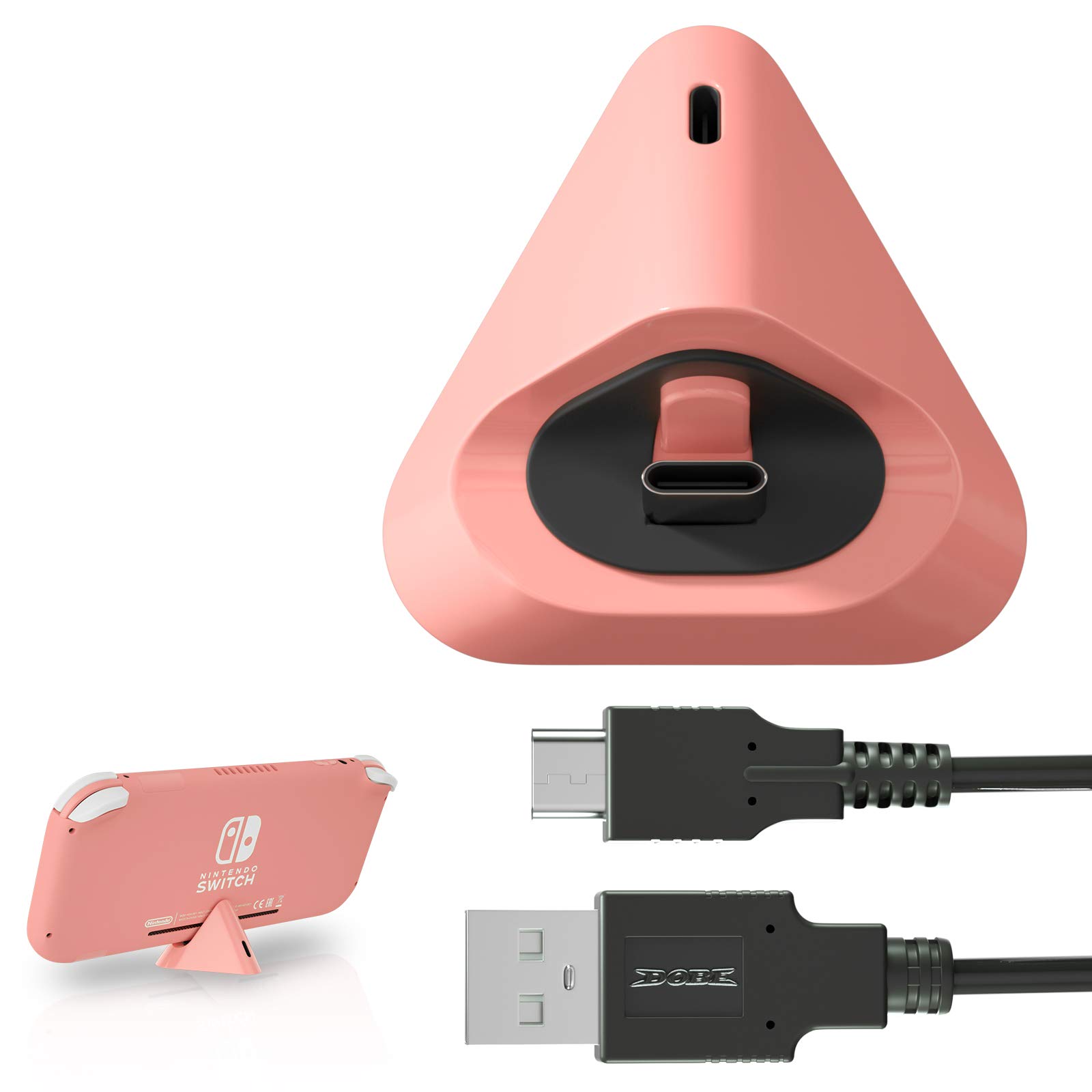 Nintendo Switch Lite Charger Dock with USB-C Port & Cable - Fast Charging Stand for Nintendo Switch Lite - Coral Color - Perfect for Gaming on the Go & Travel Accessories