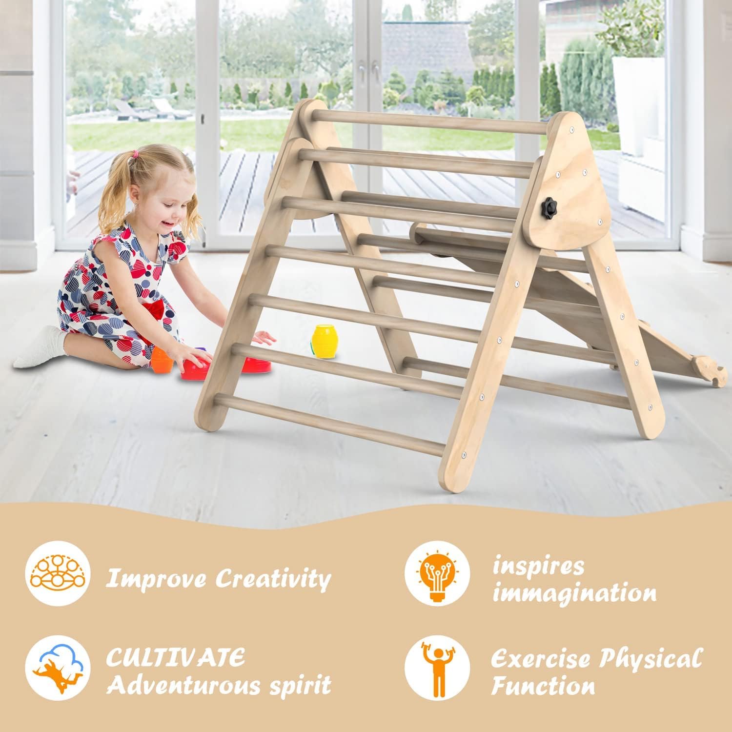 Foldable Wooden Climbing Triangle Ladder with Slide Ramp - 3-Piece Montessori Play Gym Set for Toddlers | Indoor/Outdoor Climbing Toys for Kids | Safe & Sturdy Playground Equipment for Home, Backyard, Daycare & Preschool
