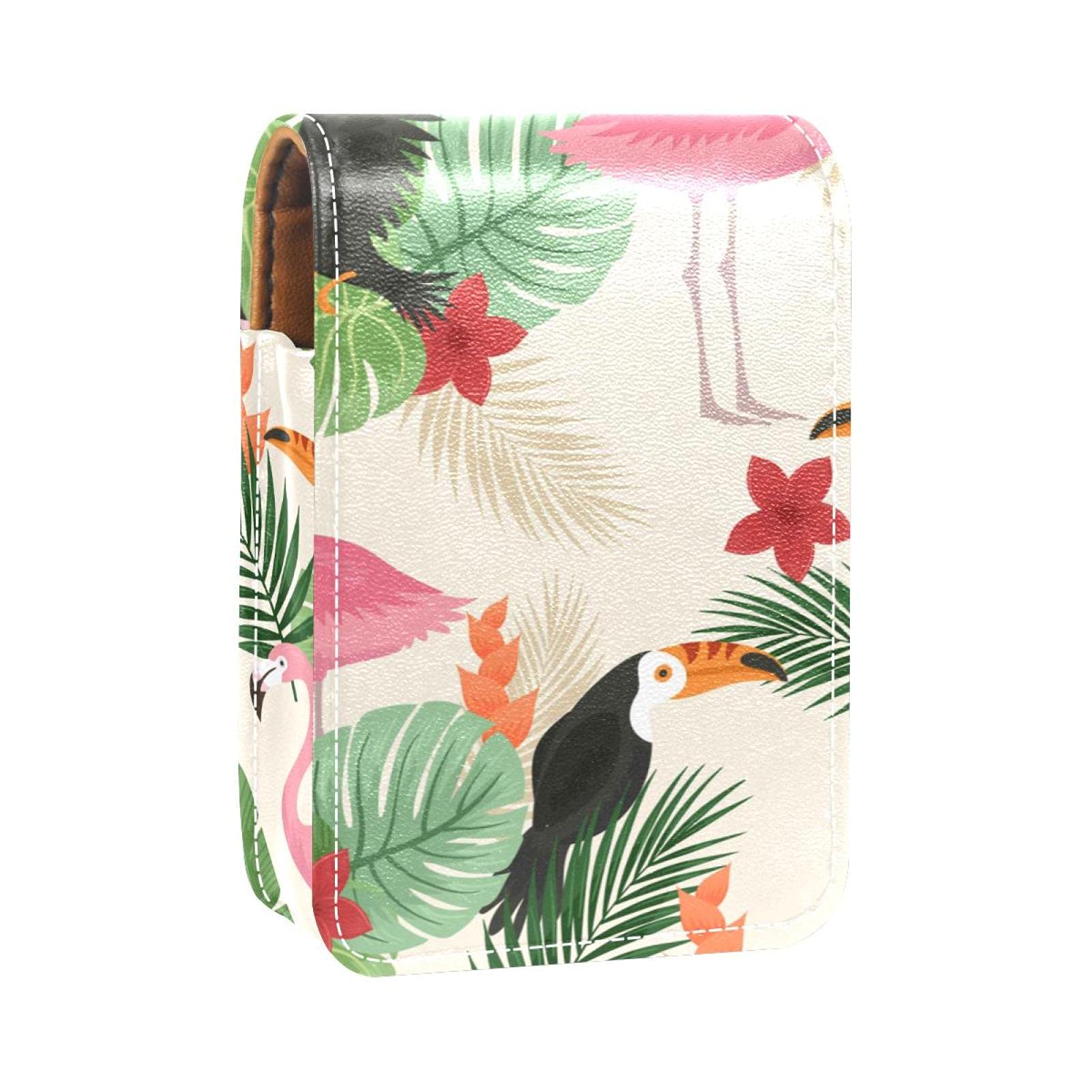 Tropical Leaves & Birds Print Lipstick Case with Mirror - Mini Lipstick Holder Organizer Bag for Purse, Travel & Cosmetic Storage | Perfect for Makeup Touch-Ups On-The-Go