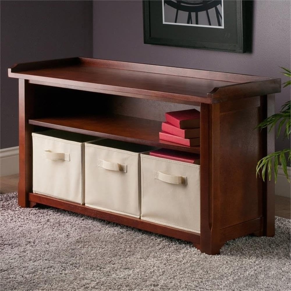 Pemberly Row Solid Wood Storage Bench with 3 Foldable Baskets - Walnut/Beige - Entryway, Living Room, Bedroom Organizer - Perfect for Shoes, Blankets & Home Decor Storage
