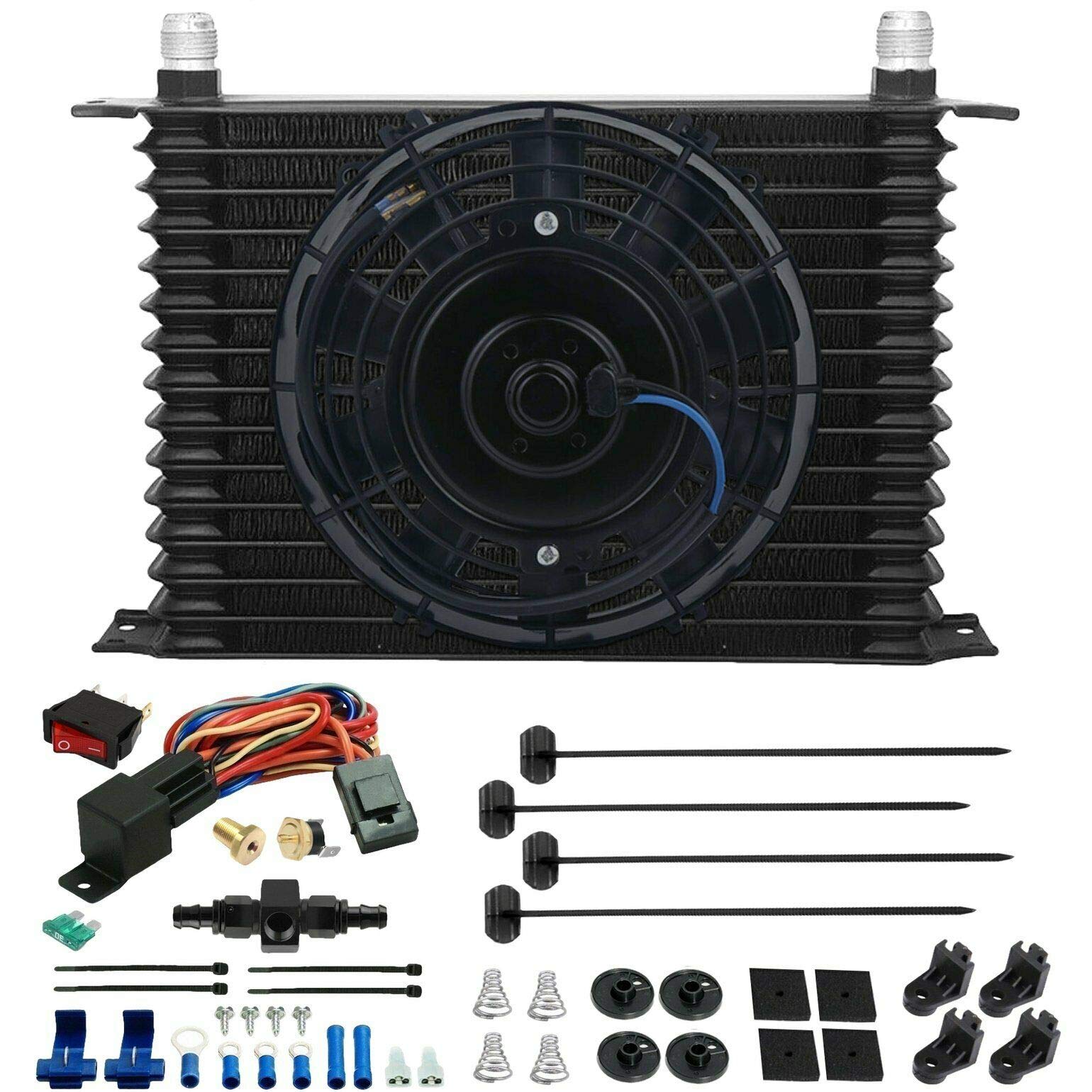 15 Row Aluminum Engine Transmission Oil Cooler with Electric Fan - 6AN Inline Hose, 180°F Thermostat & Wiring Kit | Perfect for High-Performance Vehicles, Racing Cars & Off-Road Trucks