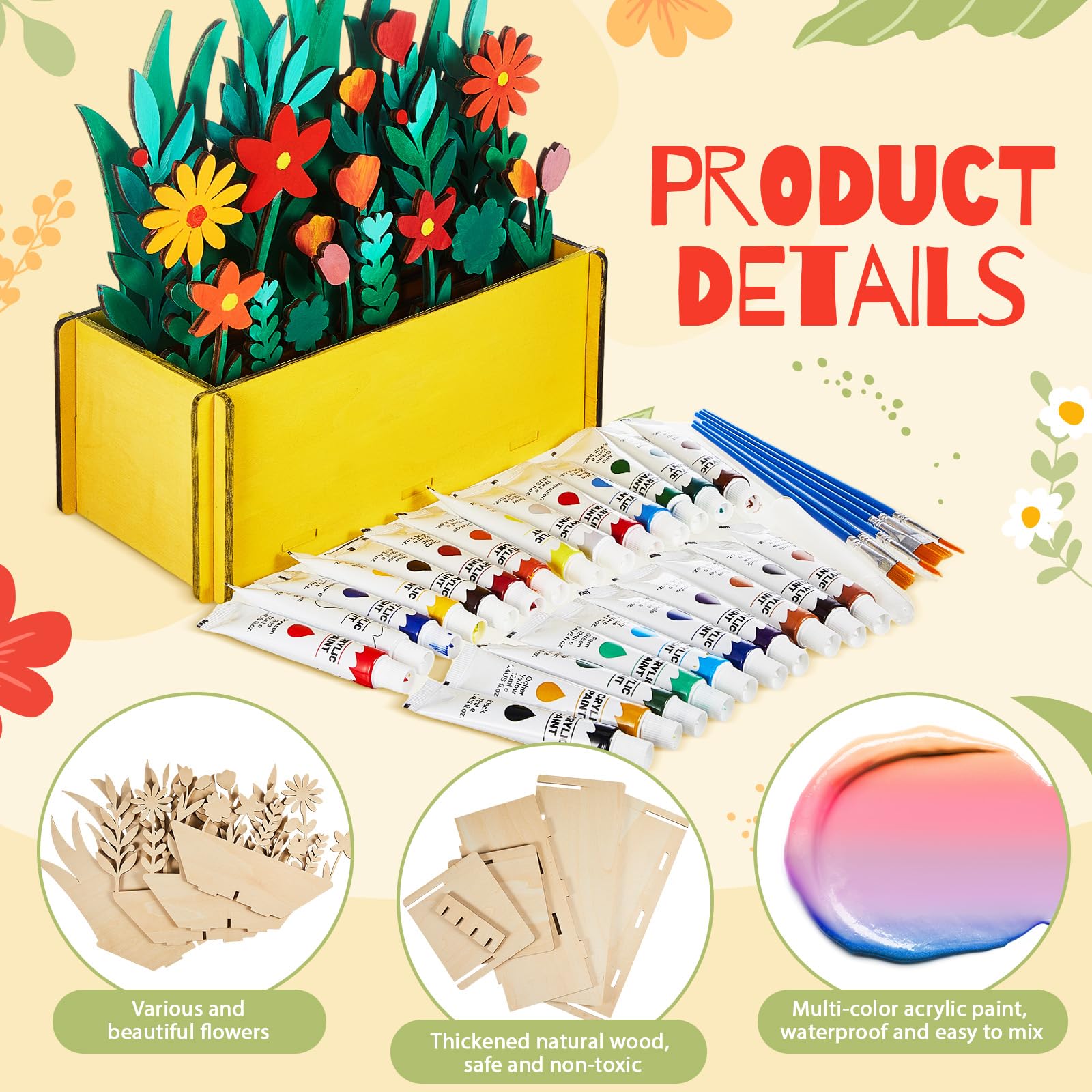 DIY 3D Layered Flower Pot Painting Kit - Wooden Flower Crafts for Kids & Adults, Perfect for Mother's Day, Christmas & Birthday Gifts - Creative Art Supplies for Home Decor & Classroom Projects