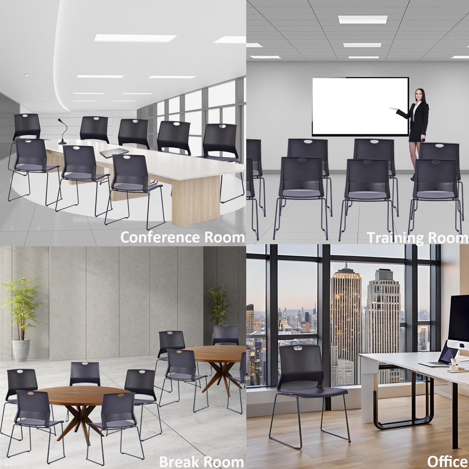 4 Stackable Black Plastic Chairs with Durable Metal Frame - Heavy Duty Church, Restaurant & Conference Chairs Set - Perfect for Dining Rooms, Meetings, Break Rooms & Lobby Seating