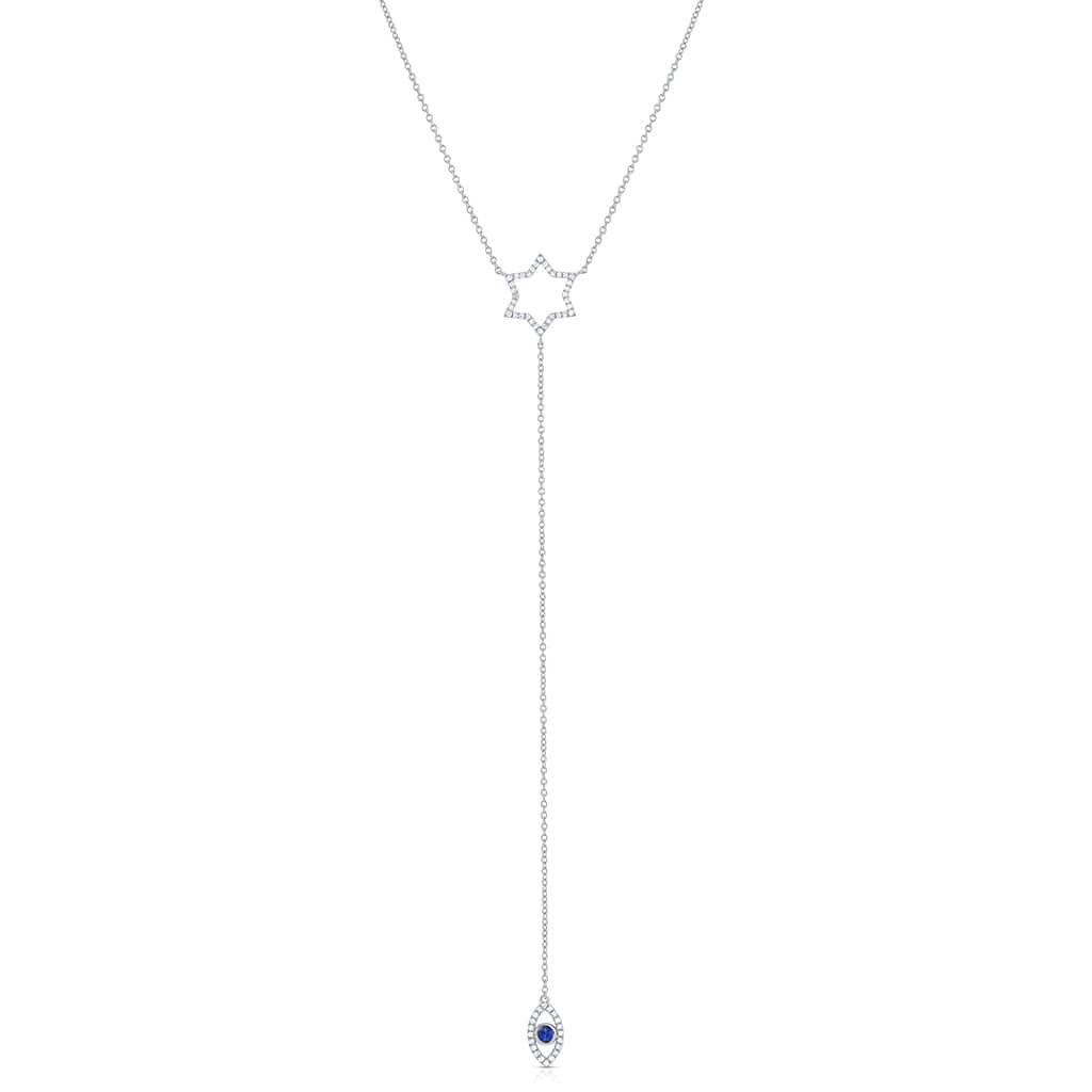18K White Gold Diamond & Sapphire Star of David Evil Eye Pendant Necklace for Women - Elegant Jewish Jewelry Gift for Hanukkah, Birthday & Special Occasions