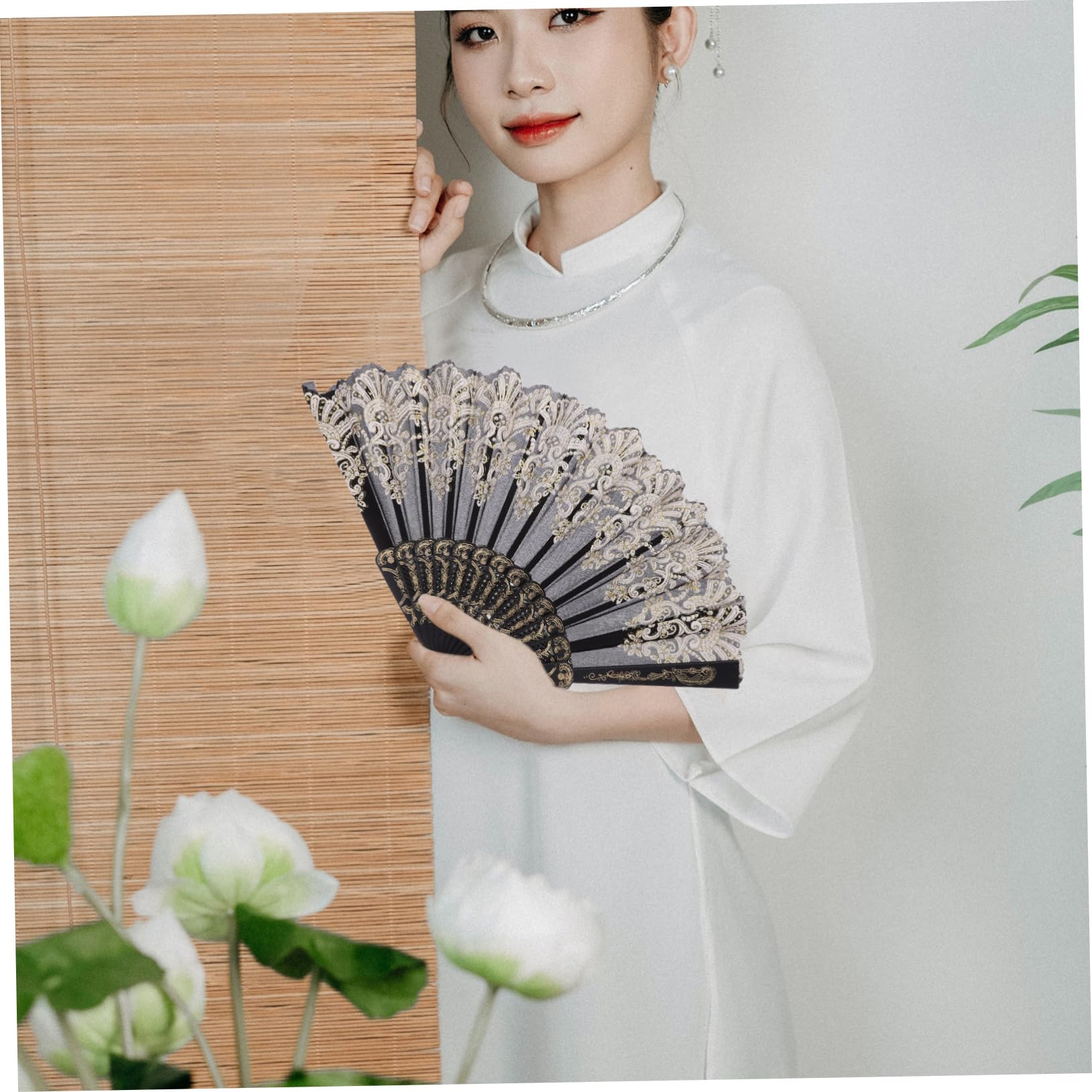 Elegant White Printed Hand Fan - Wedding Decor, Chinese Folding Fan with Floral Design, Portable Handheld Fan for Brides & Guests - Perfect for Weddings, Tea Parties & Summer Events