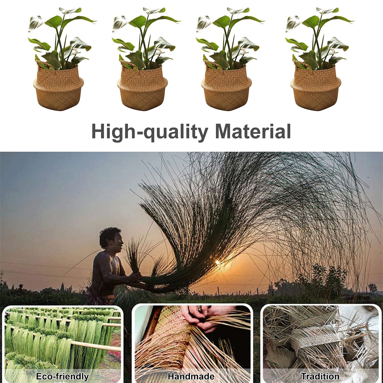 Eco-Friendly Natural Seagrass Storage Basket - Round Handwoven Plant Pot Holder, Biodegradable Laundry & Grocery Organizer for Home Decor, Picnic, and Sustainable Living