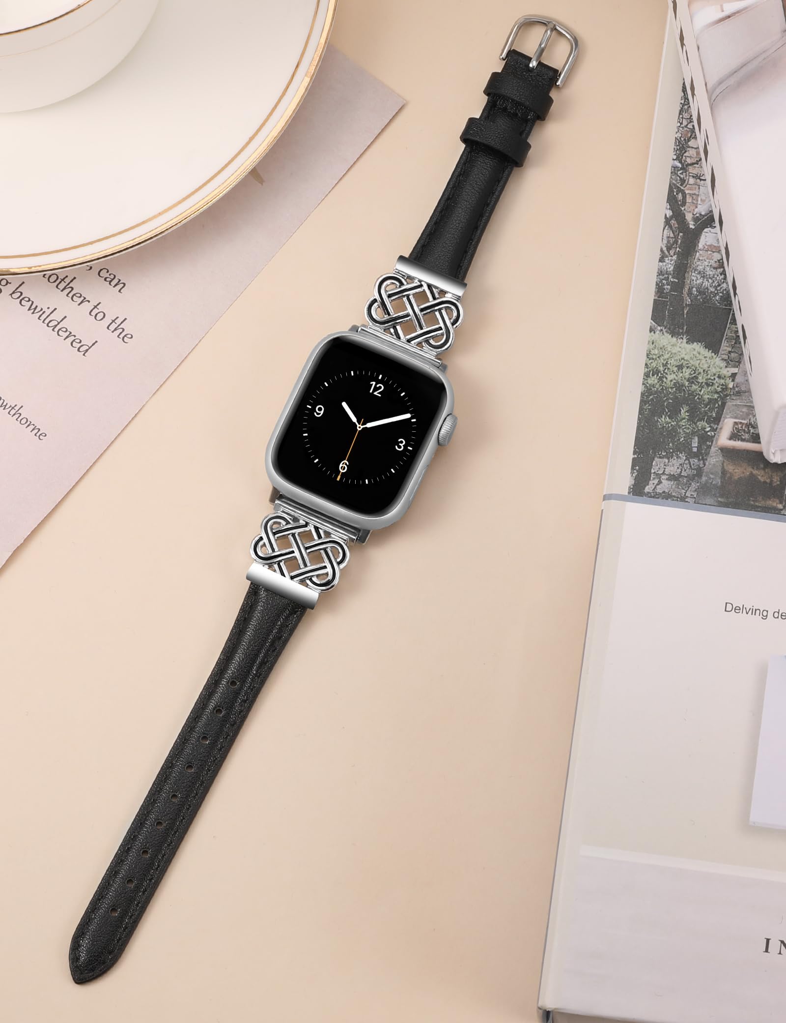 Premium Genuine Leather Apple Watch Band for Women - Compatible with 38/40/41/42mm iWatch Series 10/9/SE/8/7/6/5/4/3/2/1 - Slim Dressy Bracelet with Metal Buckle (Black/Silver) - Perfect for Work, Date Night & Formal Occasions