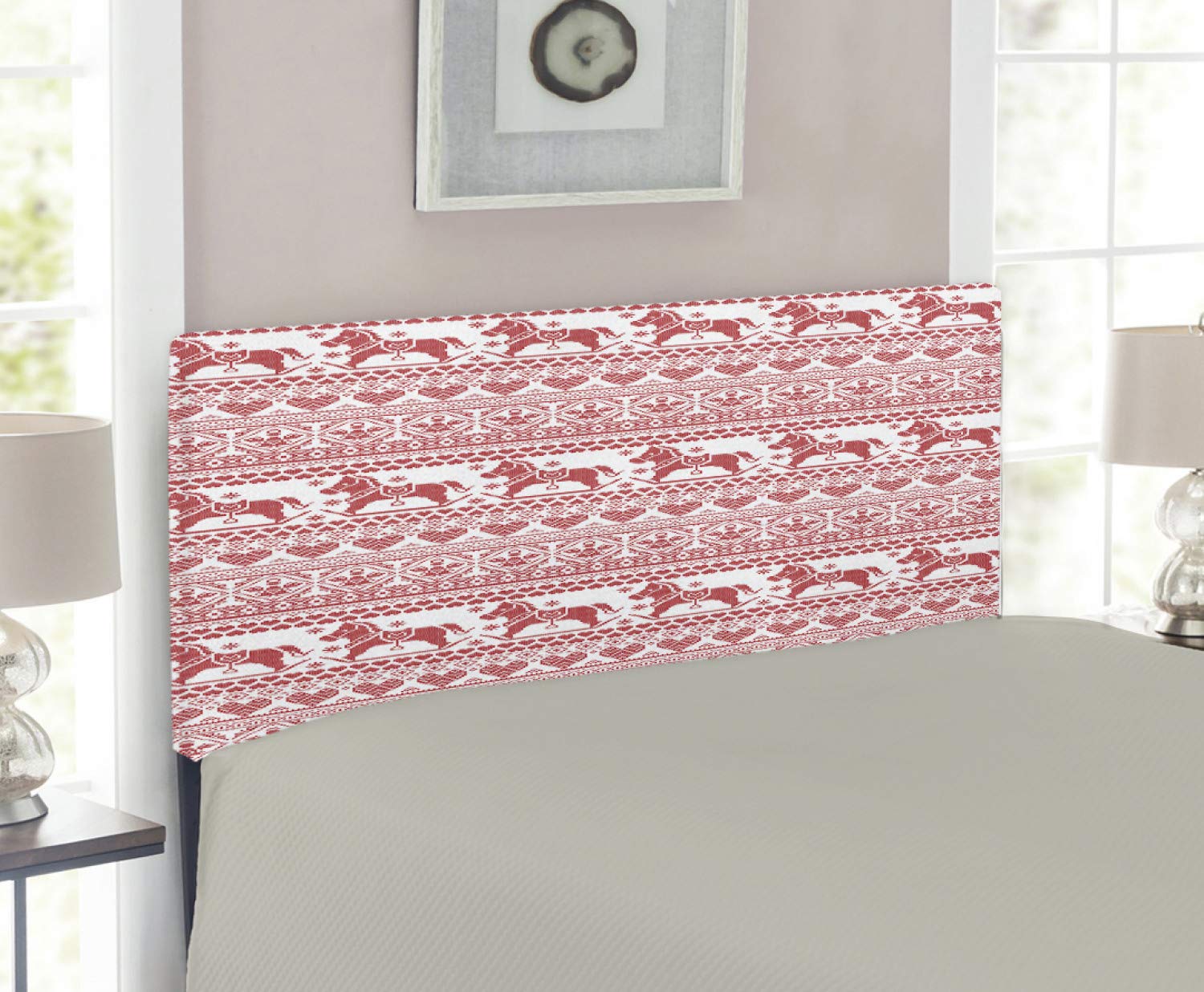 Ambesonne Nordic Upholstered Headboard with Memory Foam - Twin Size Horse & Angel Norwegian Motif in Vermilion White | Perfect for Winter Bedroom Decor & Cozy Scandinavian Style