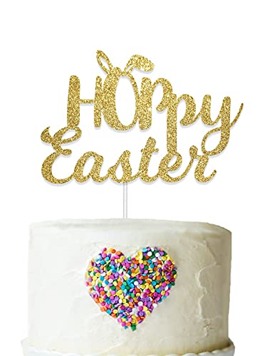 Happy Easter Cake Topper - Bunny Ears & Gold Glitter Easter Sign for Cake Decorating (Black Cardstock) - Perfect for Easter Parties, Spring Celebrations & Festive Dessert Displays