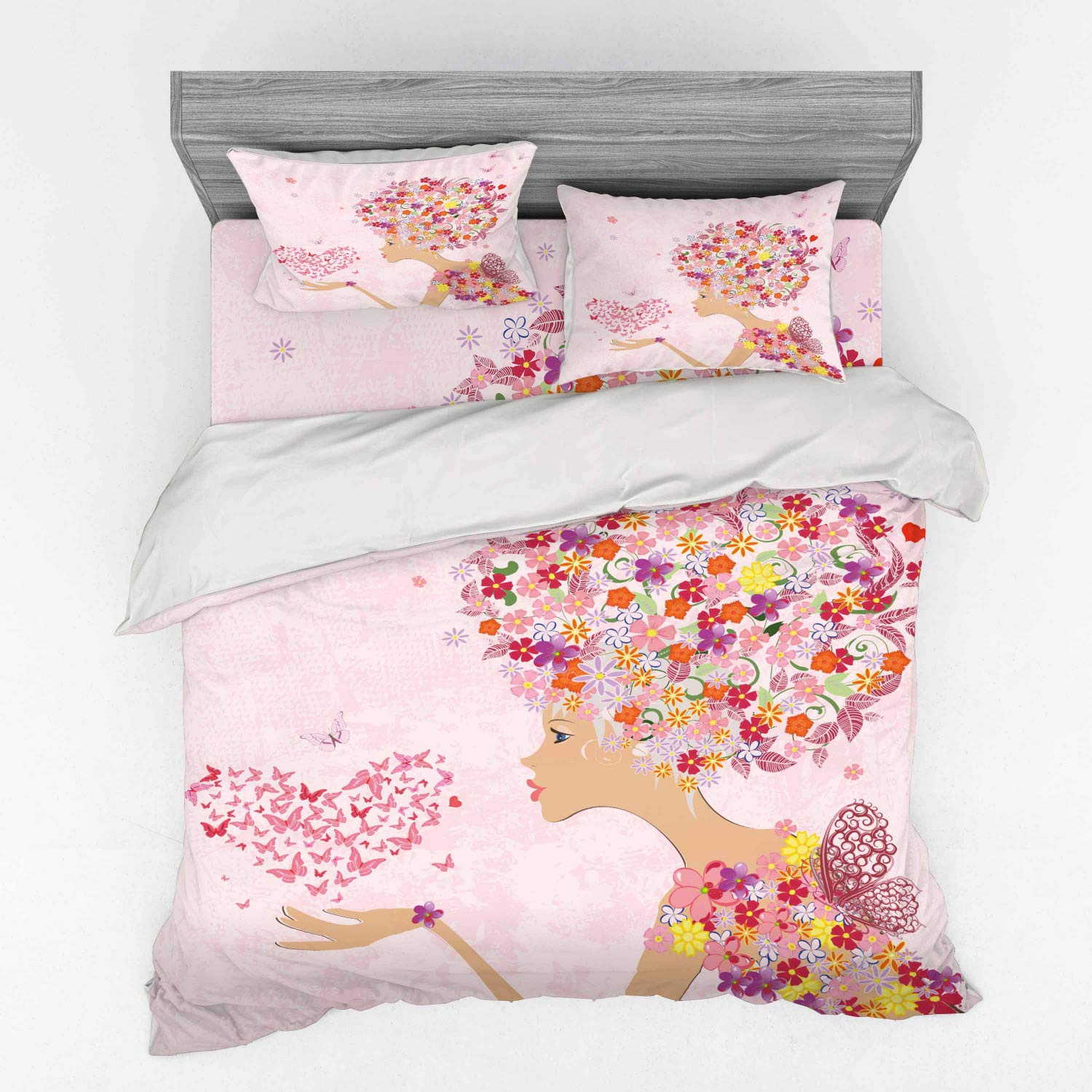 Ambesonne Pink Floral Bedding Set - 4 Piece King Size Duvet Cover with Pillow Shams & Fitted Sheet - Hand-Painted Butterfly Heart Spring Design - Perfect for Girls' Bedrooms & Boho Chic Home Decor
