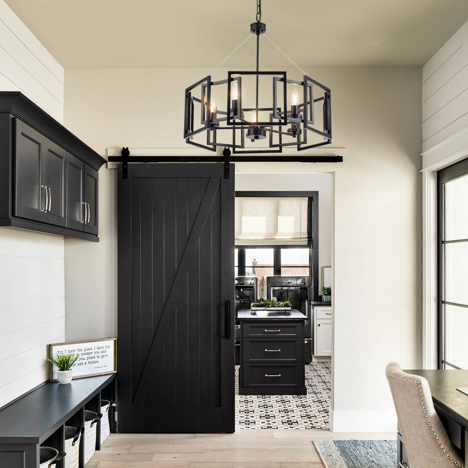 Industrial Style Chandelier - Matte Black Geometric Pendant Light Fixture with 5 Lights for Dining Room, Living Room, Kitchen Island & Bedroom | Perfect for Modern Farmhouse, Loft & Industrial Decor