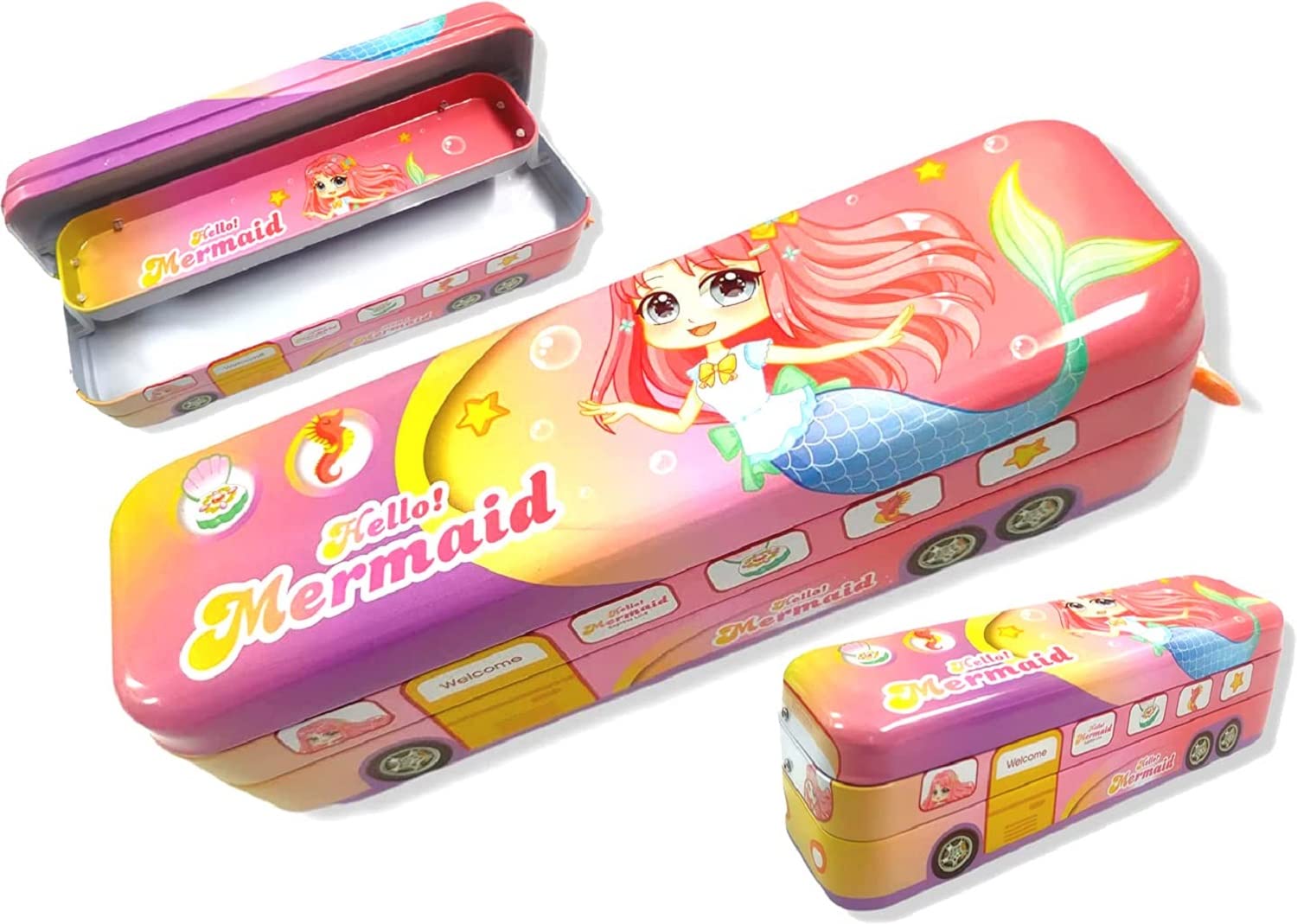 SUGAN Enterprises Hello Mermaid Bus-Shaped Pencil Case with Pull String Wheels - Cartoon Printed School Supply Box for Kids - Perfect for Classroom, Travel & Gift Giving