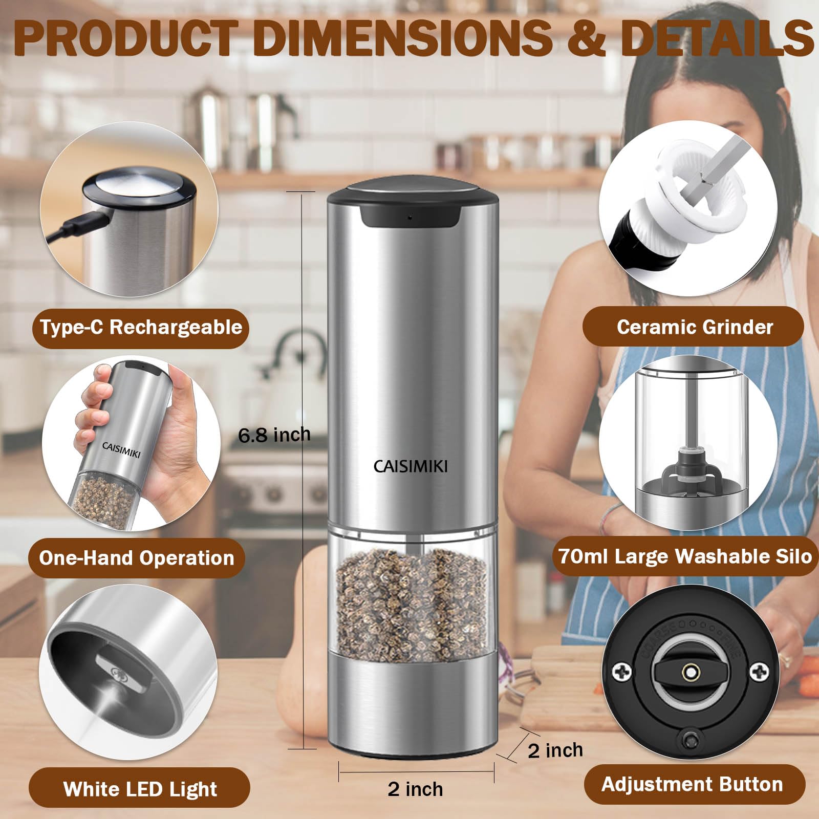 2024 Premium Electric Pepper Grinder & Salt Mill - Rechargeable Stainless Steel Kitchen Gadget with LED Light, Adjustable Coarseness & One-Hand Operation - Perfect for Cooking, Dining & Gourmet Food Preparation